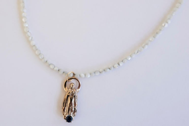 Brilliant Cut Sapphire Virgin Mary White Bead Necklace J Dauphin For Sale