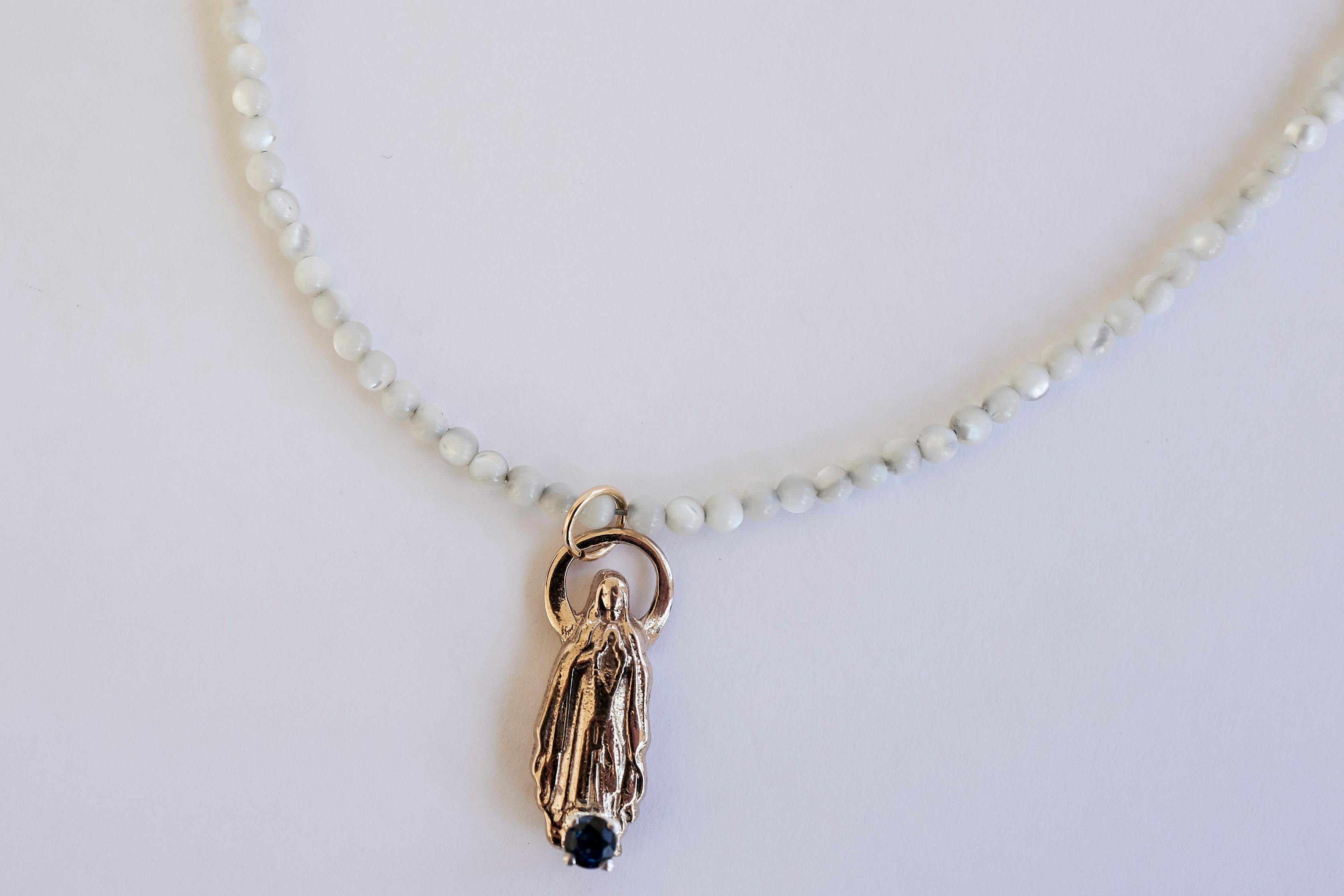 Brilliant Cut Sapphire Virgin Mary White Bead Necklace J Dauphin For Sale