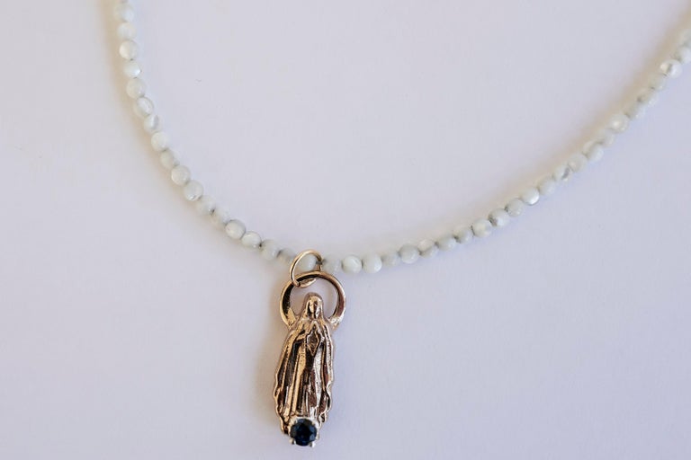 Sapphire Virgin Mary White Bead Necklace J Dauphin In New Condition For Sale In Los Angeles, CA