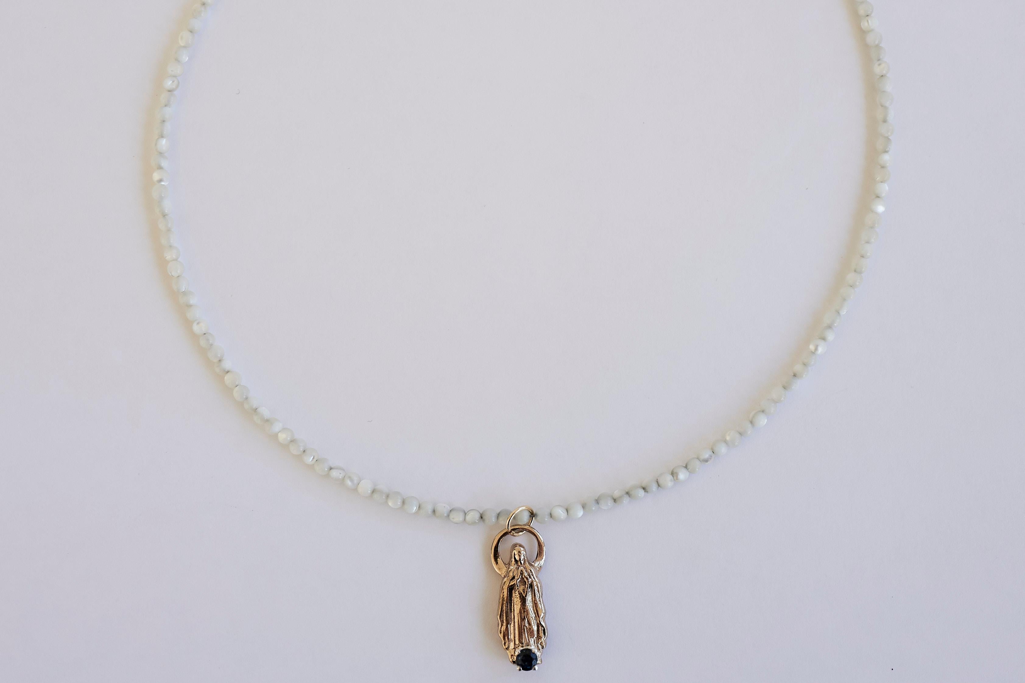 Sapphire Virgin Mary White Bead Necklace J Dauphin In New Condition For Sale In Los Angeles, CA