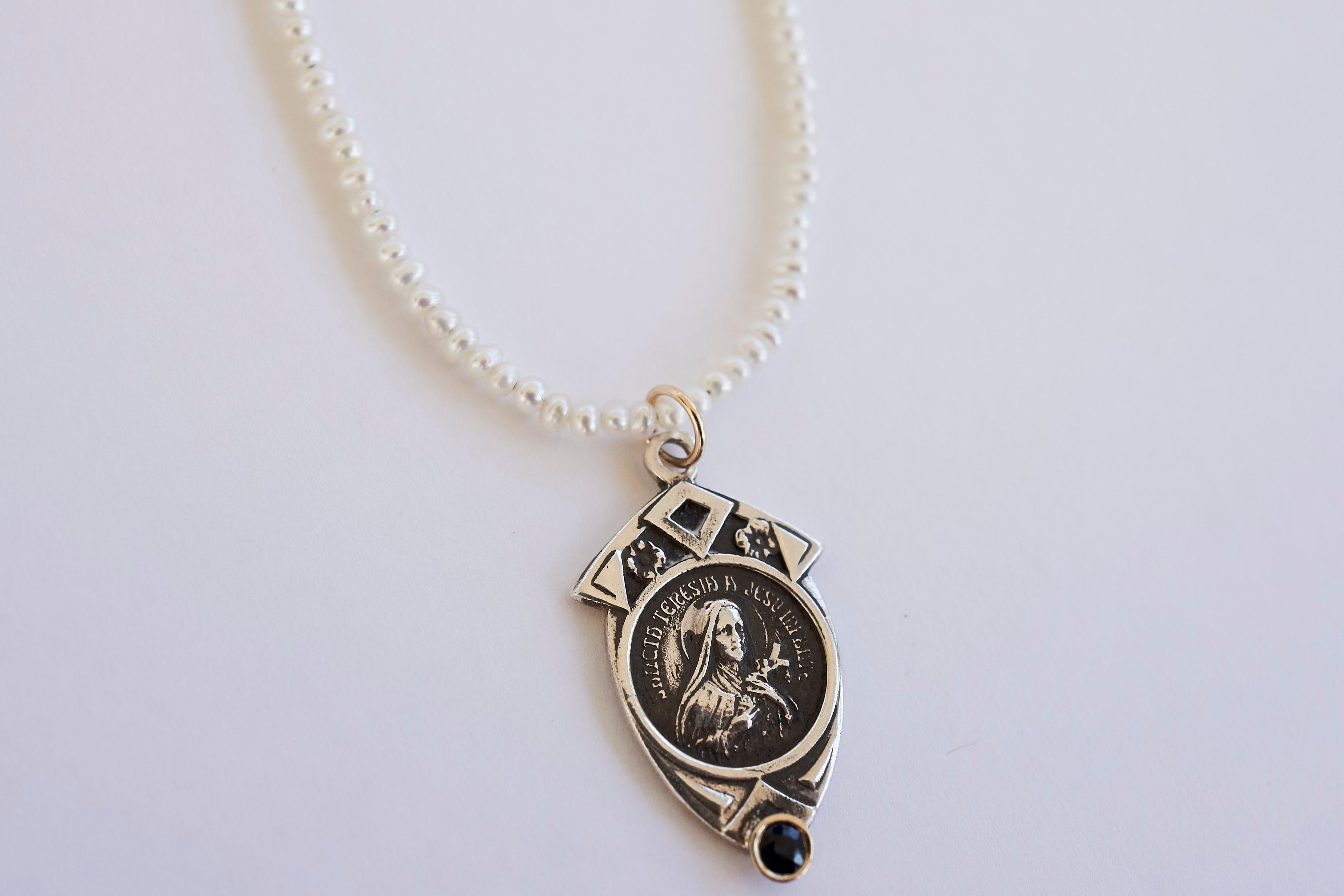 Brilliant Cut Black Diamond Pearl Necklace Virgin Mary Medal For Sale