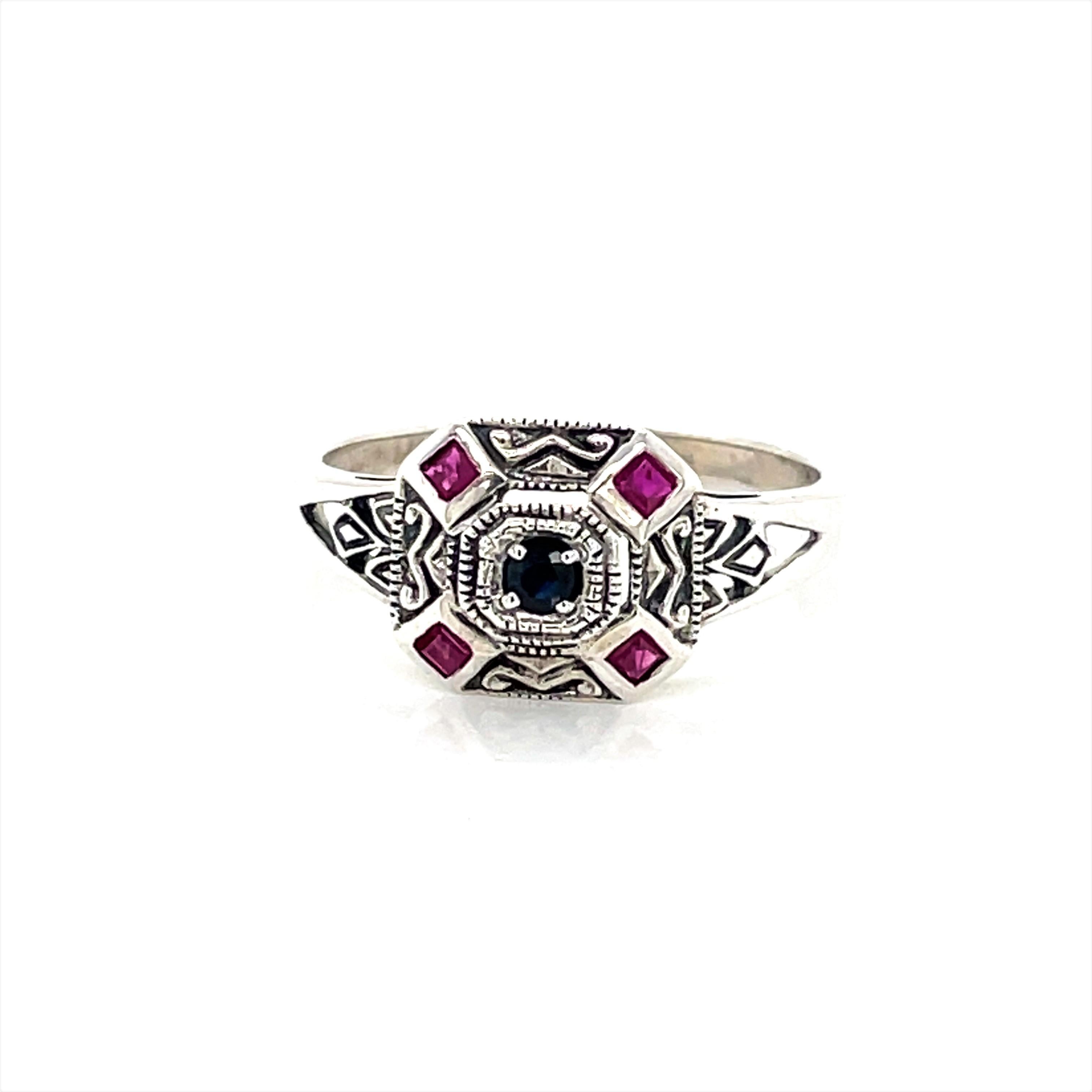 Mixed Cut Sapphire w Ruby Accents Sterling Silver Filigree Art Deco Style Ring w Mini Box For Sale