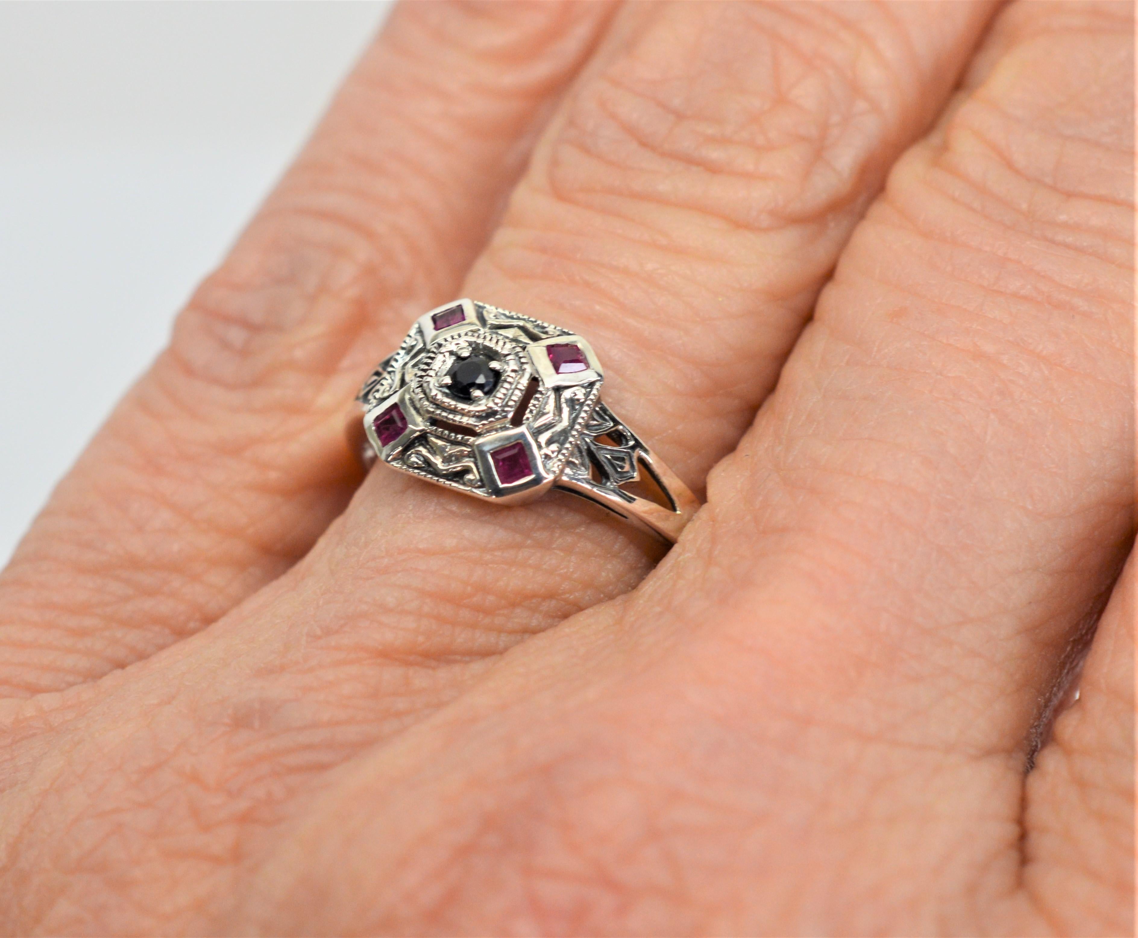 Women's Sapphire w Ruby Accents Sterling Silver Filigree Art Deco Style Ring w Mini Box For Sale