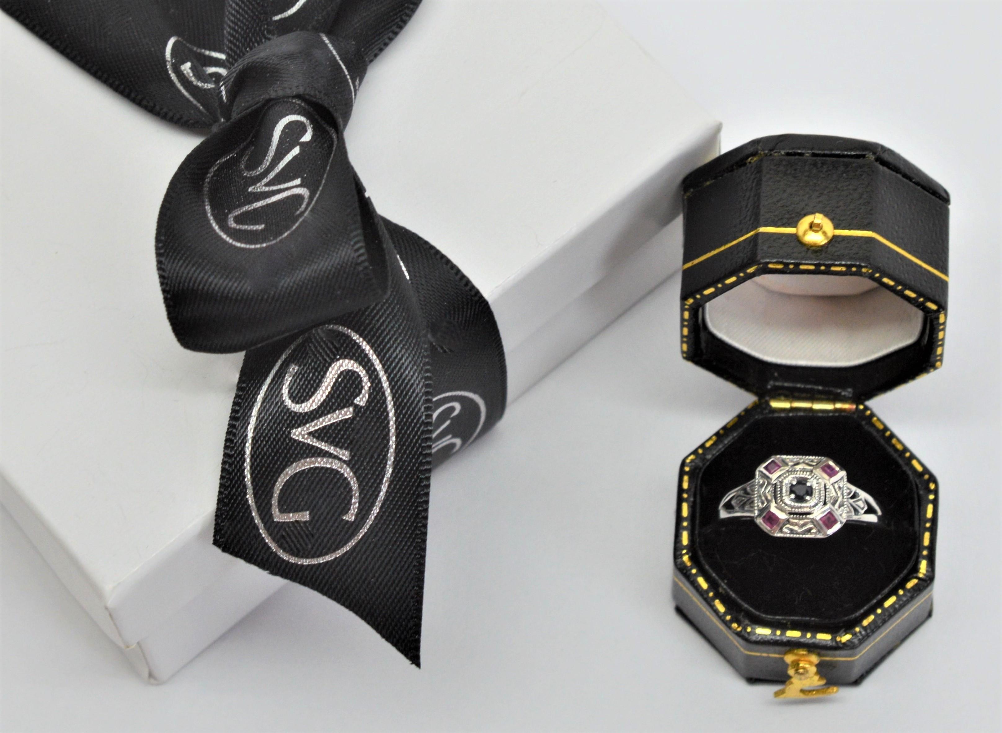 Sapphire w Ruby Accents Sterling Silver Filigree Art Deco Style Ring w Mini Box For Sale 1