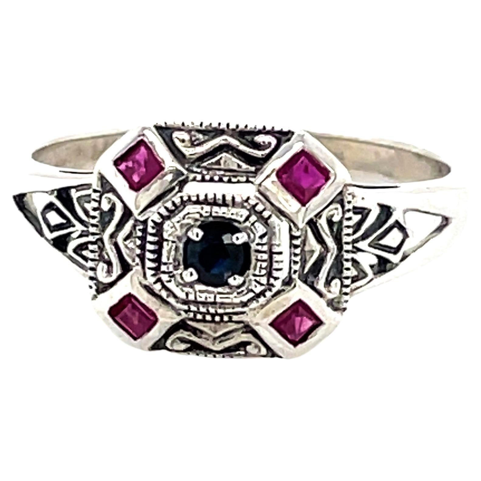 Sapphire w Ruby Accents Sterling Silver Filigree Art Deco Style Ring w Mini Box For Sale