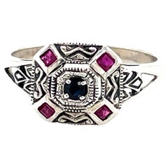 Sapphire w Ruby Accents Sterling Silver Filigree Art Deco Style Ring w Mini Box