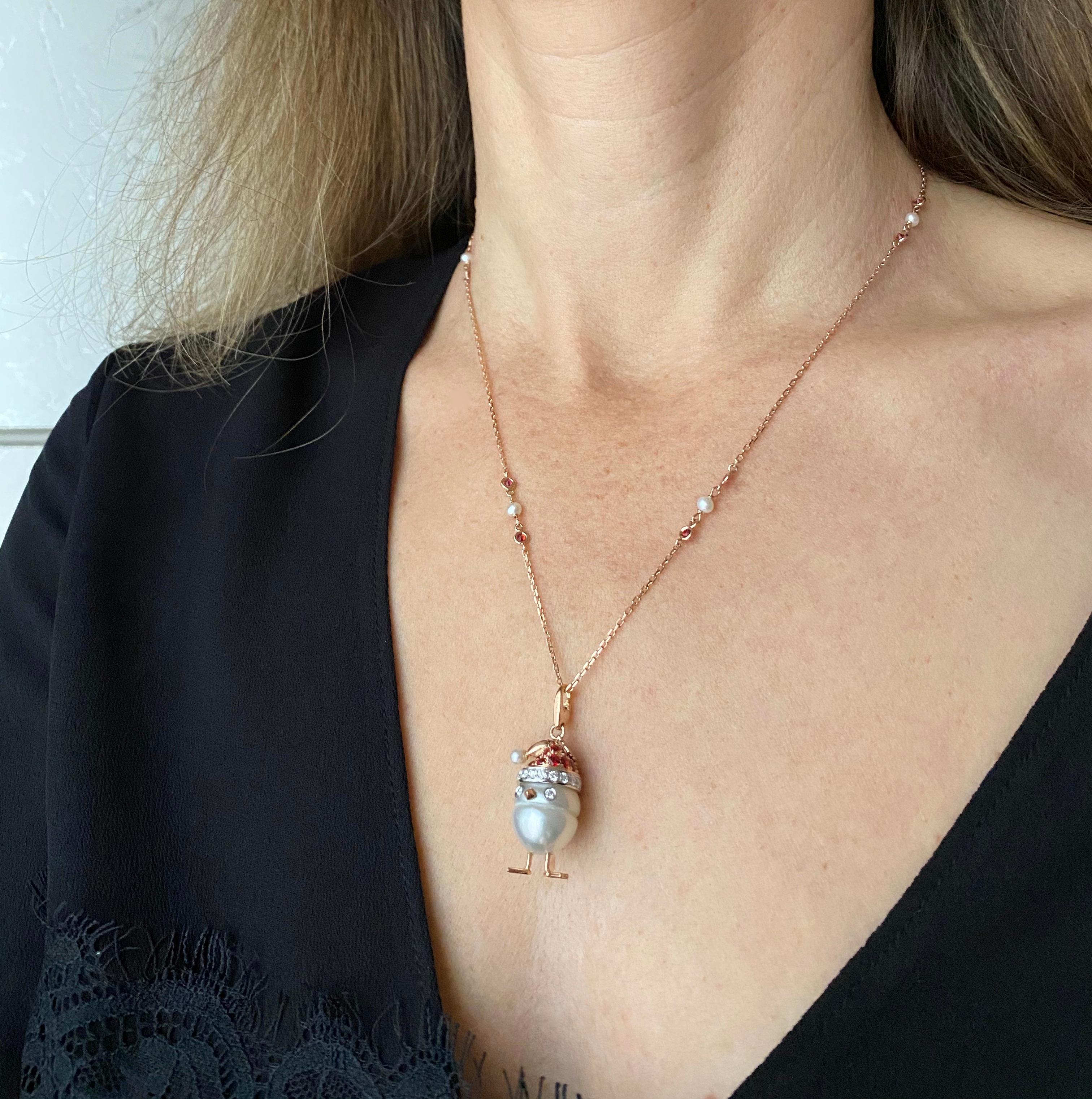 Sapphire White Diamond 18kt Gold Pearl Christmas Chick Charm Pendant/Necklace 4