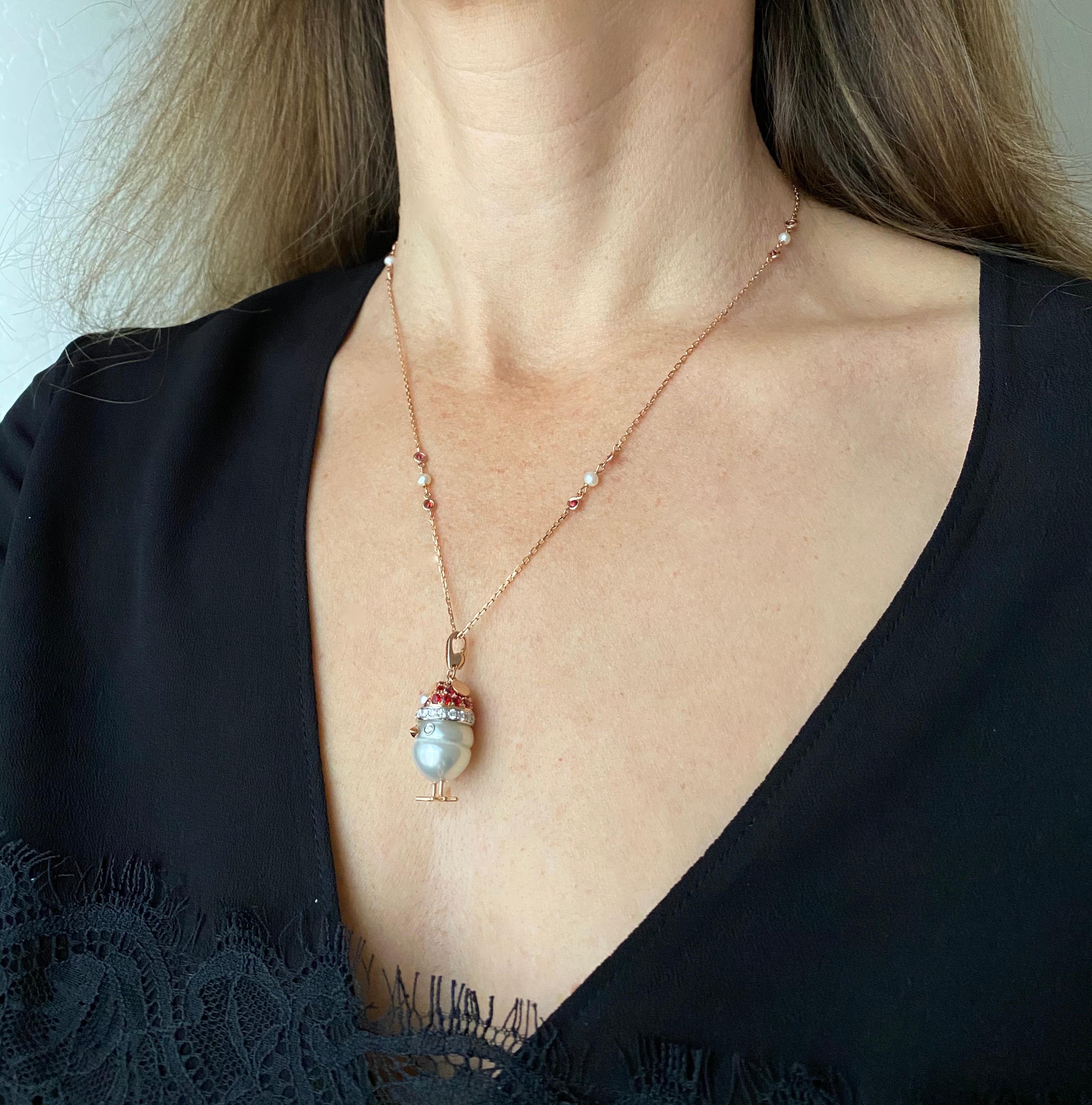 Sapphire White Diamond 18kt Gold Pearl Christmas Chick Charm Pendant/Necklace 5