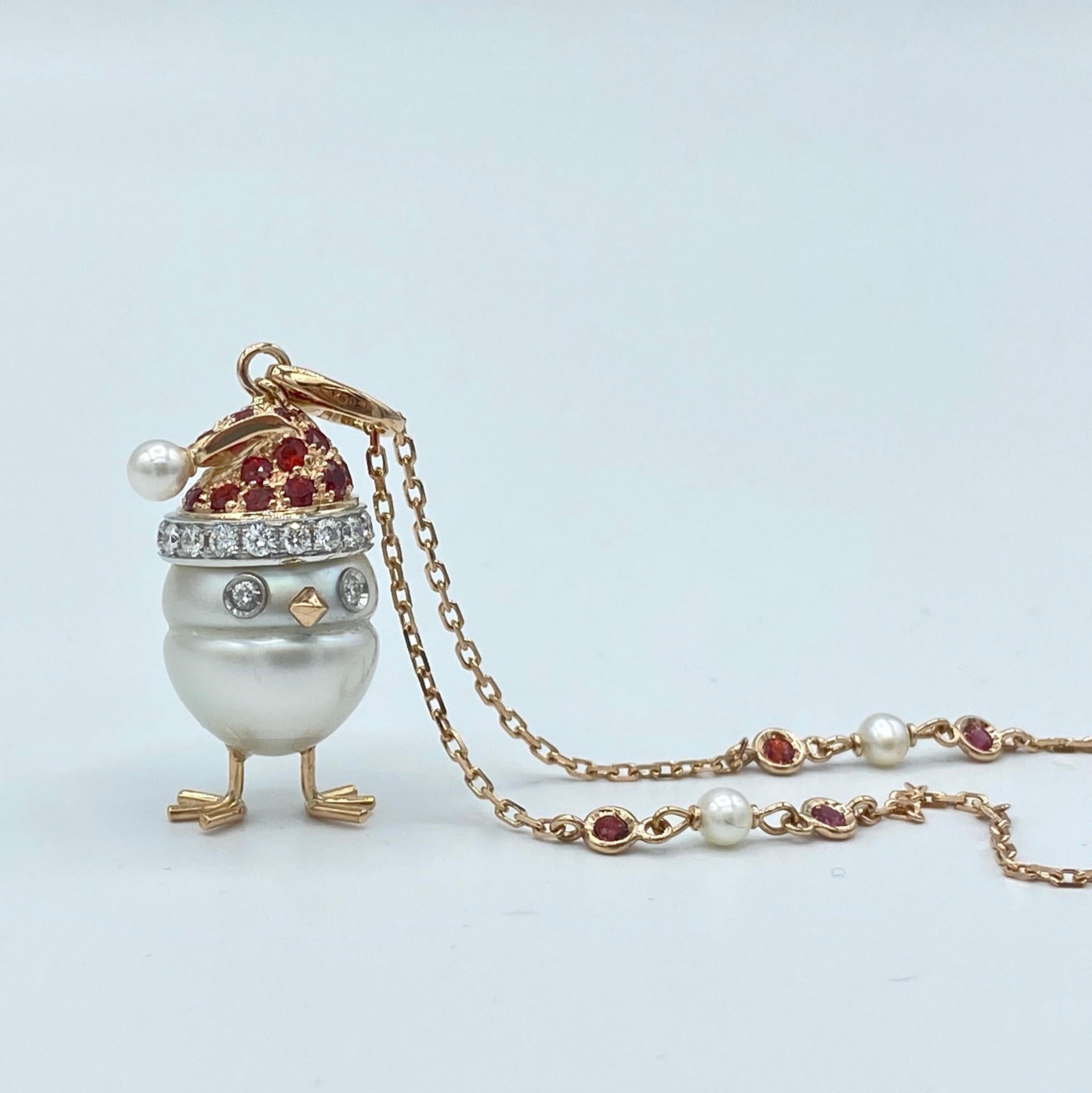 Artisan Sapphire White Diamond 18kt Gold Pearl Christmas Chick Charm Pendant/Necklace