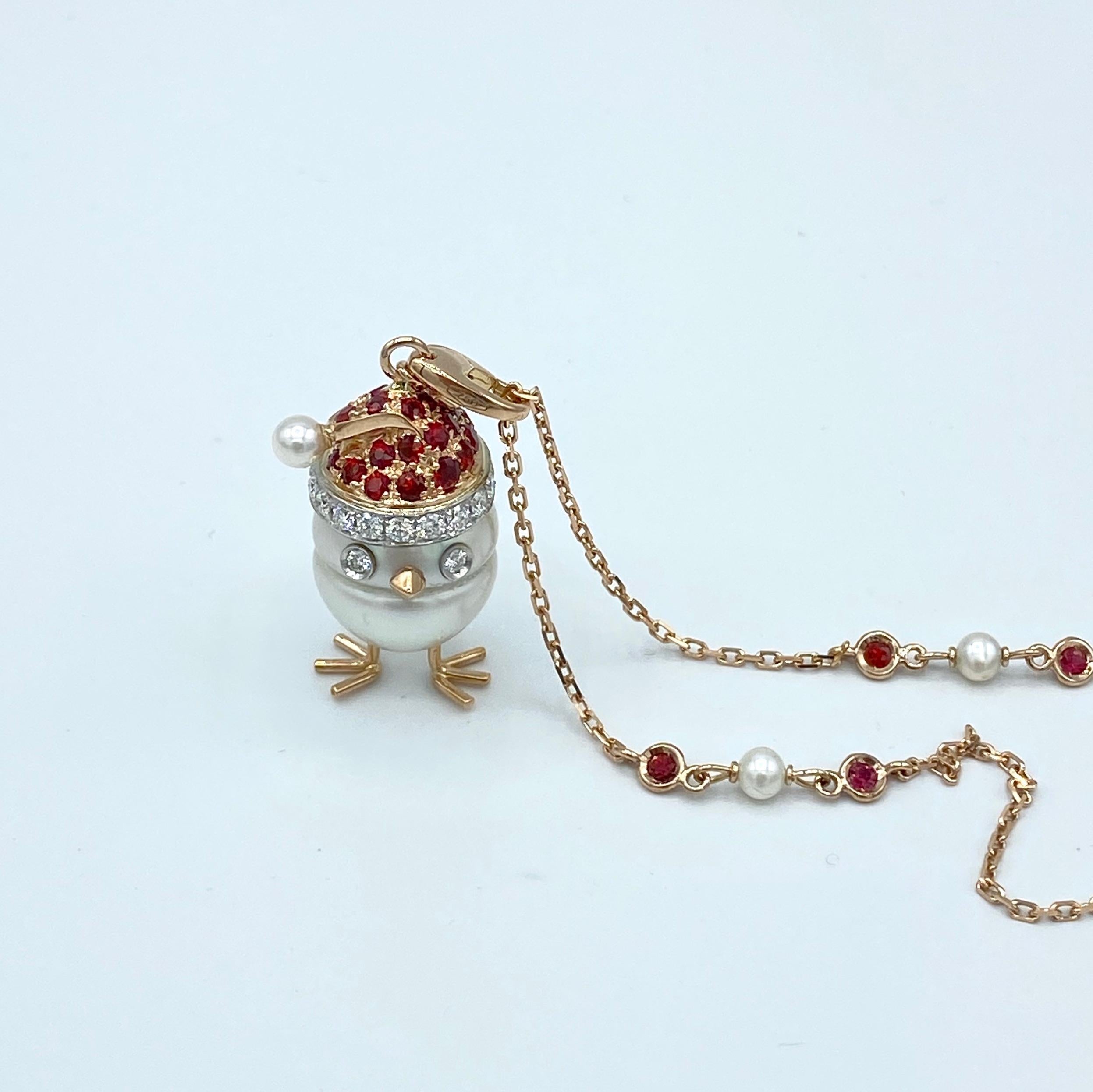 Round Cut Sapphire White Diamond 18kt Gold Pearl Christmas Chick Charm Pendant/Necklace