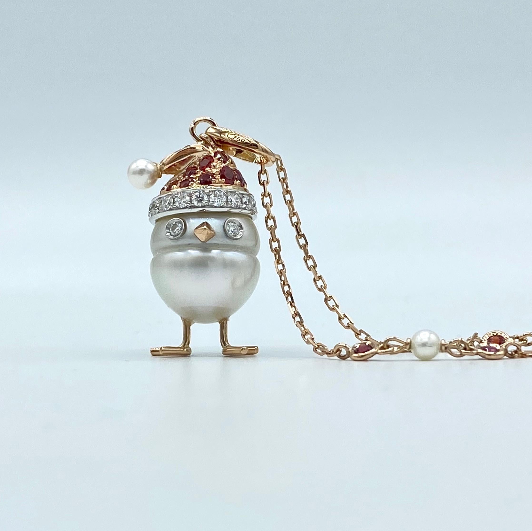 Sapphire White Diamond 18kt Gold Pearl Christmas Chick Charm Pendant/Necklace In New Condition In Bussolengo, Verona