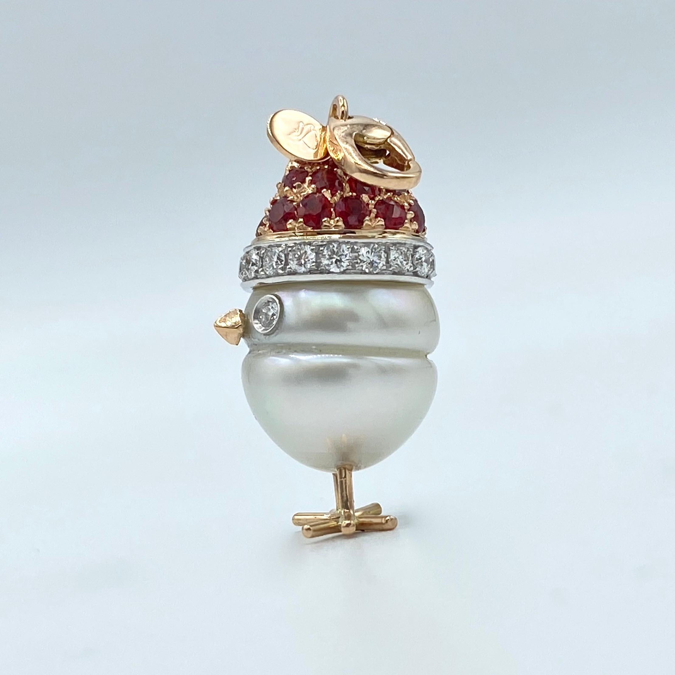 Sapphire White Diamond 18kt Gold Pearl Christmas Chick Charm Pendant/Necklace 1
