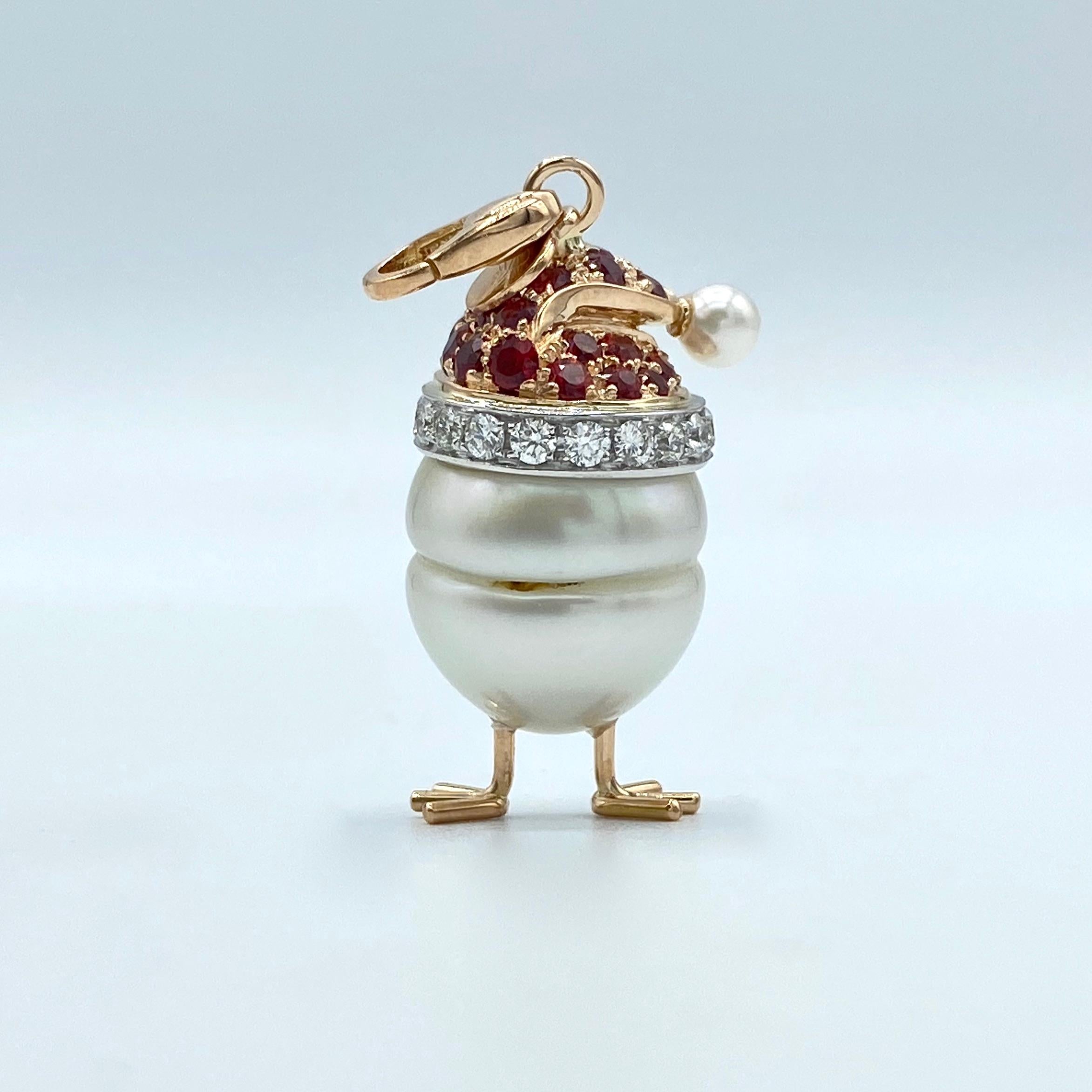 Sapphire White Diamond 18kt Gold Pearl Christmas Chick Charm Pendant/Necklace 2