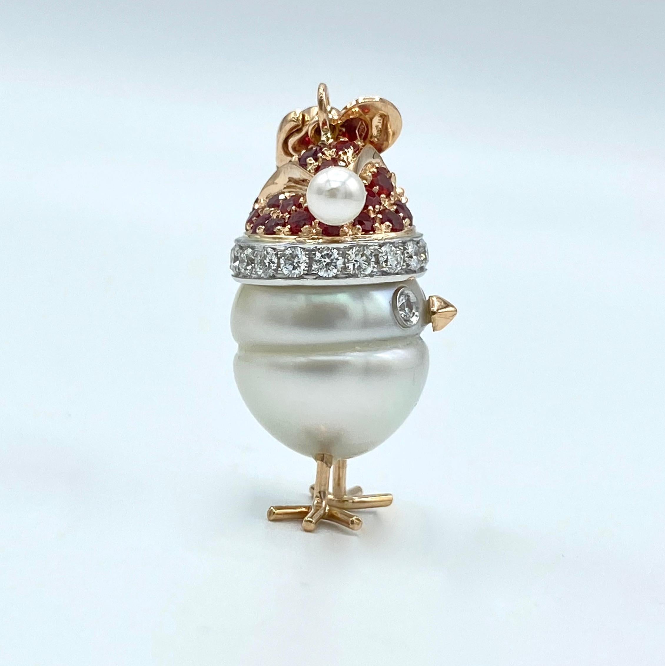 Sapphire White Diamond 18kt Gold Pearl Christmas Chick Charm Pendant/Necklace 3