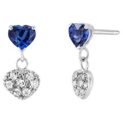 Pair Heart Shaped Sapphire Pave Diamond Charm 1.25 Carat Gold  Stud Earrings