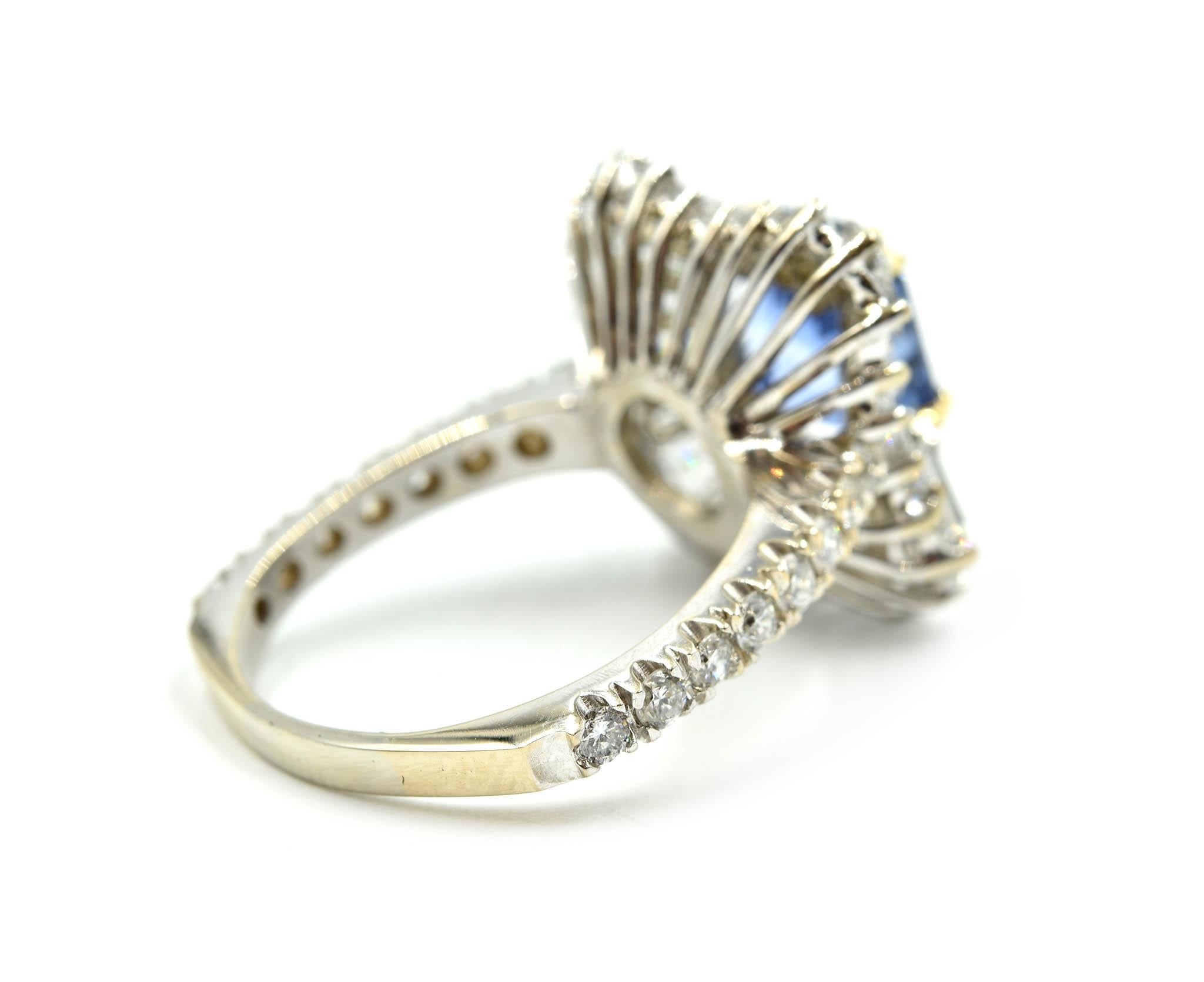 Modern Sapphire with Baguette Diamond Halo Ring 18 Karat White Gold