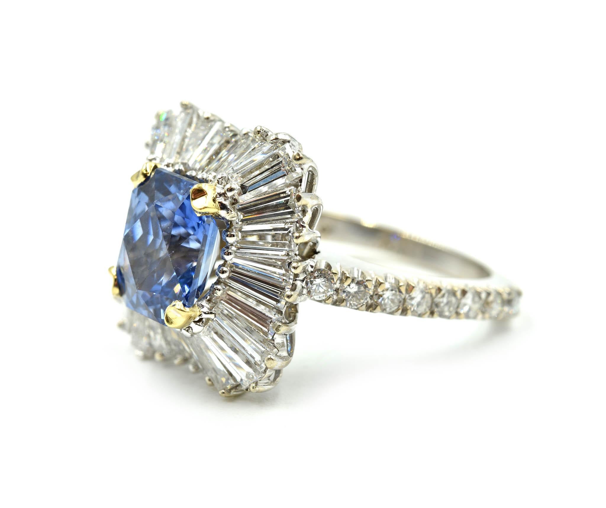 Round Cut Sapphire with Baguette Diamond Halo Ring 18 Karat White Gold