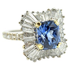 Sapphire with Baguette Diamond Halo Ring 18 Karat White Gold