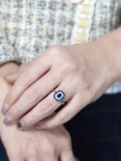 Sapphire with Diamond Art Deco Style Engagement Ring in 14K White Gold