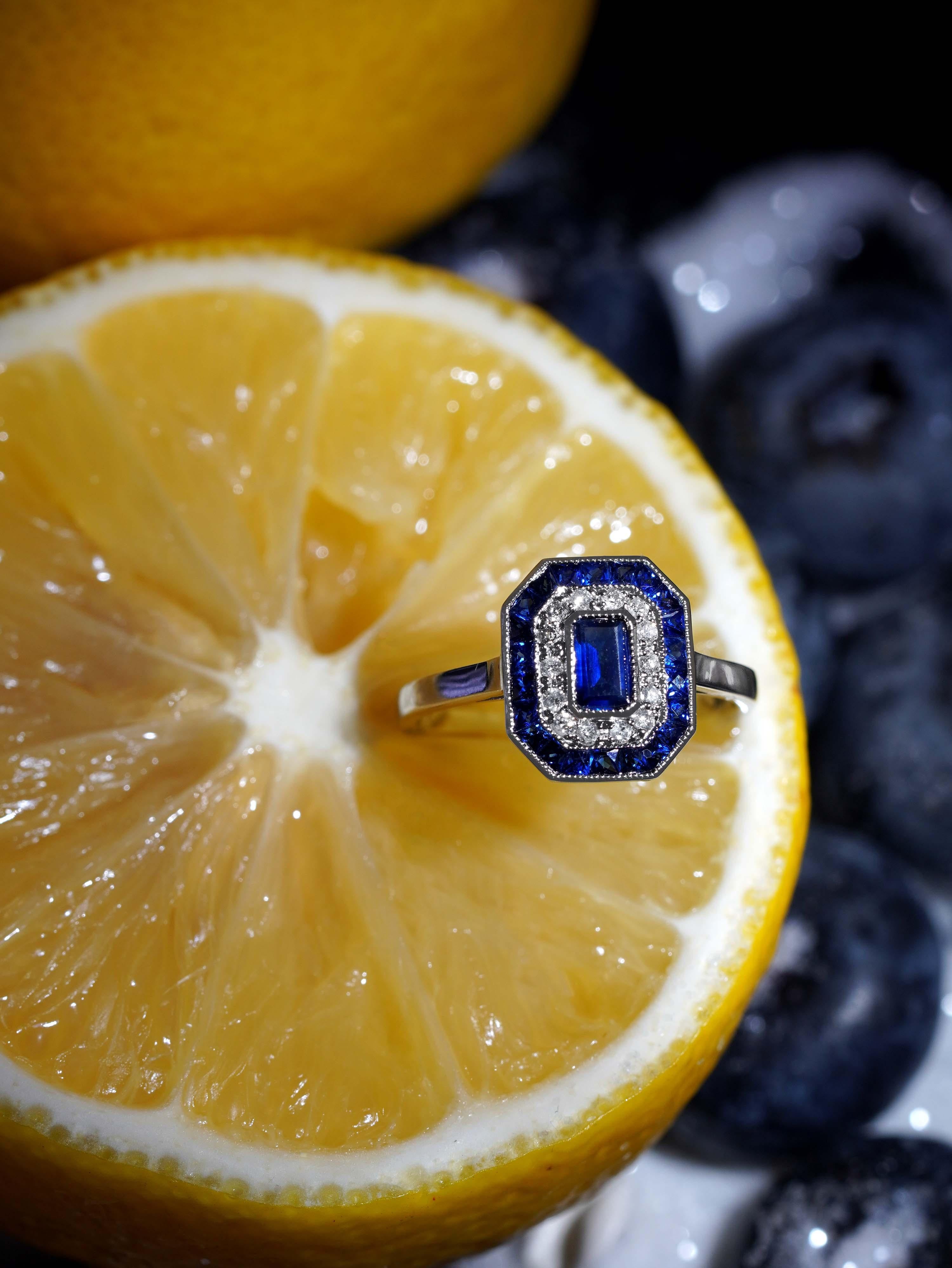 Emerald Cut Sapphire with Diamond Art Deco Style Engagement Ring in 14K White Gold For Sale