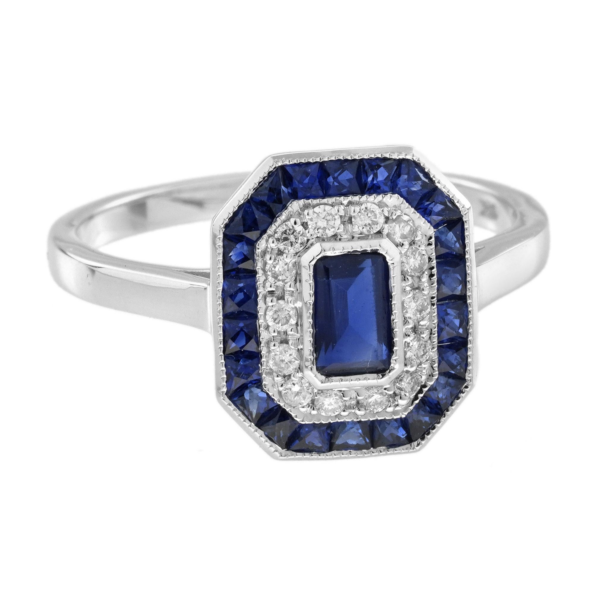 Women's Sapphire with Diamond Art Deco Style Engagement Ring in 14K White Gold For Sale