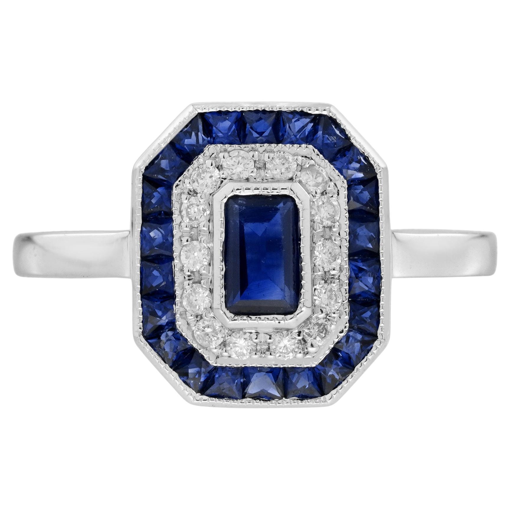 Sapphire with Diamond Art Deco Style Engagement Ring in 14K White Gold For Sale