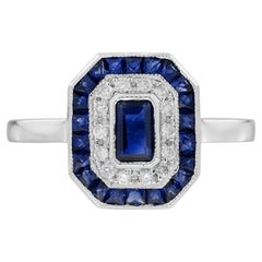 Sapphire with Diamond Art Deco Style Engagement Ring in 14K White Gold