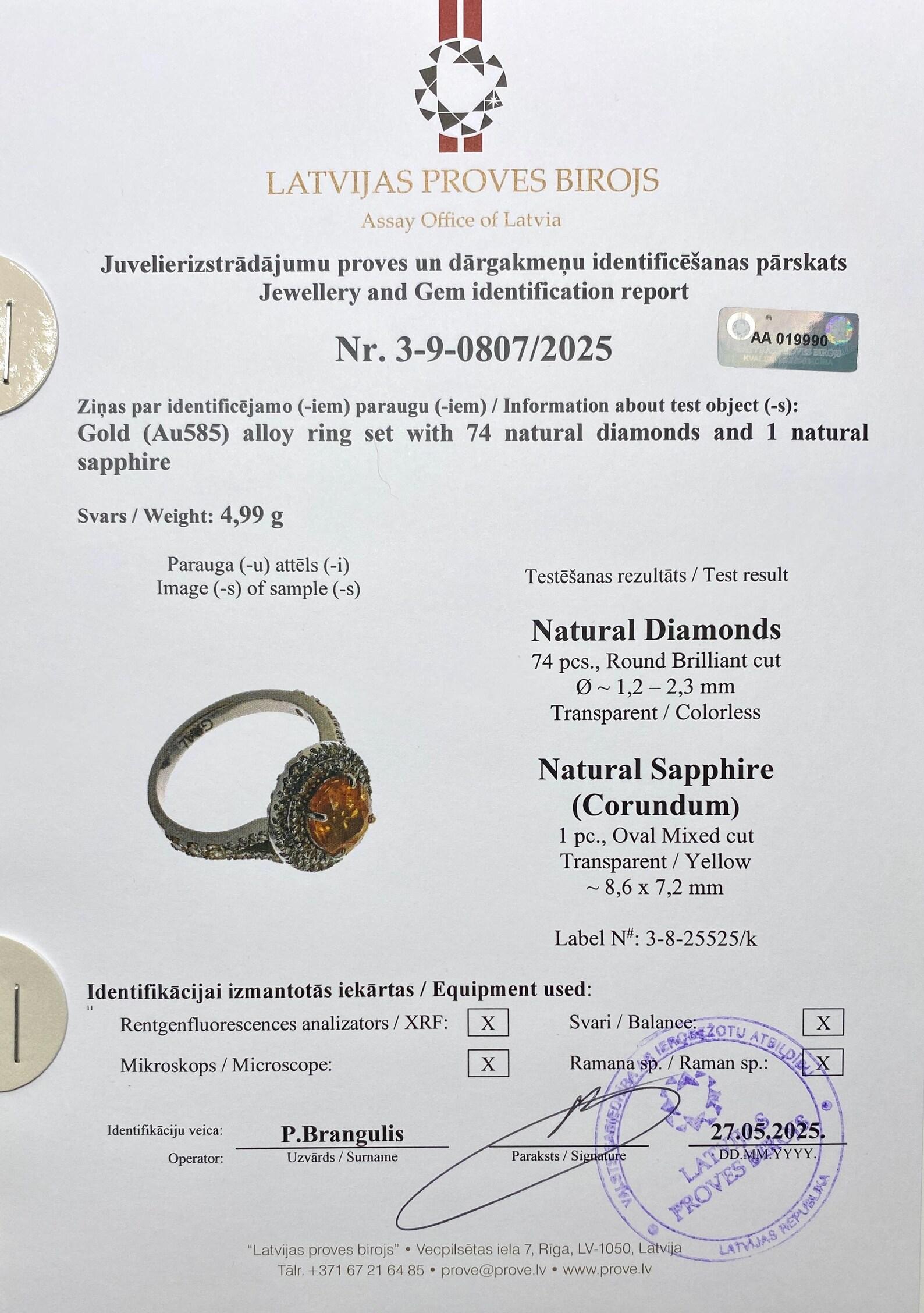 Sapphire Yellow and Diamonds natural gemstone Ring, 14 Karat White Gold, 7US In condizioni Nuovo in vendita a Daugavpils, LV