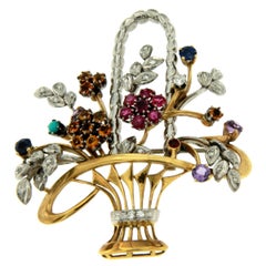 Retro Sapphire, Diamond, Ruby, Turquoise, Citrine Bouquet Gold Brooch