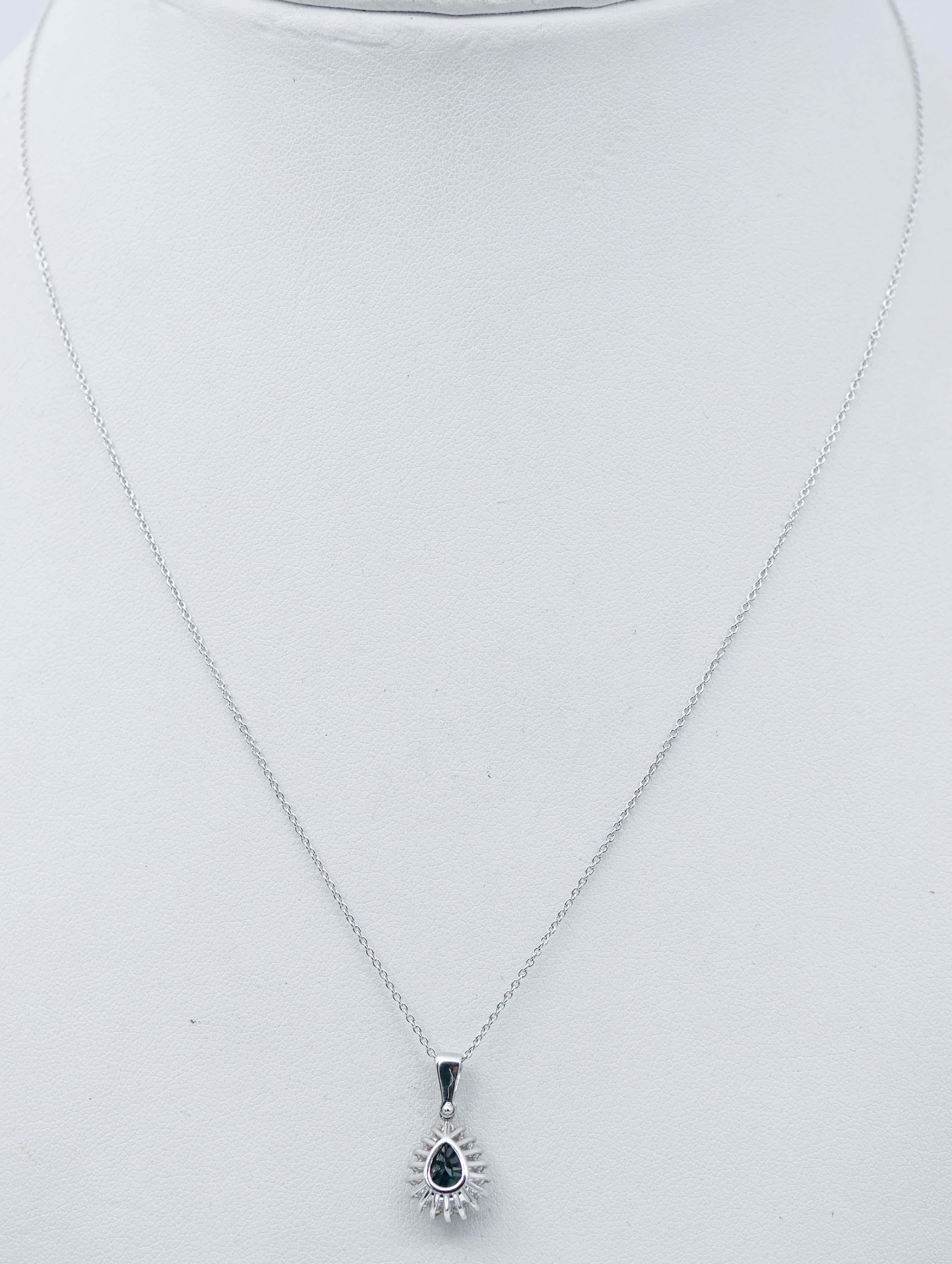 Mixed Cut Sapphire, Diamonds, 18 Karat White Gold Pendant Necklace