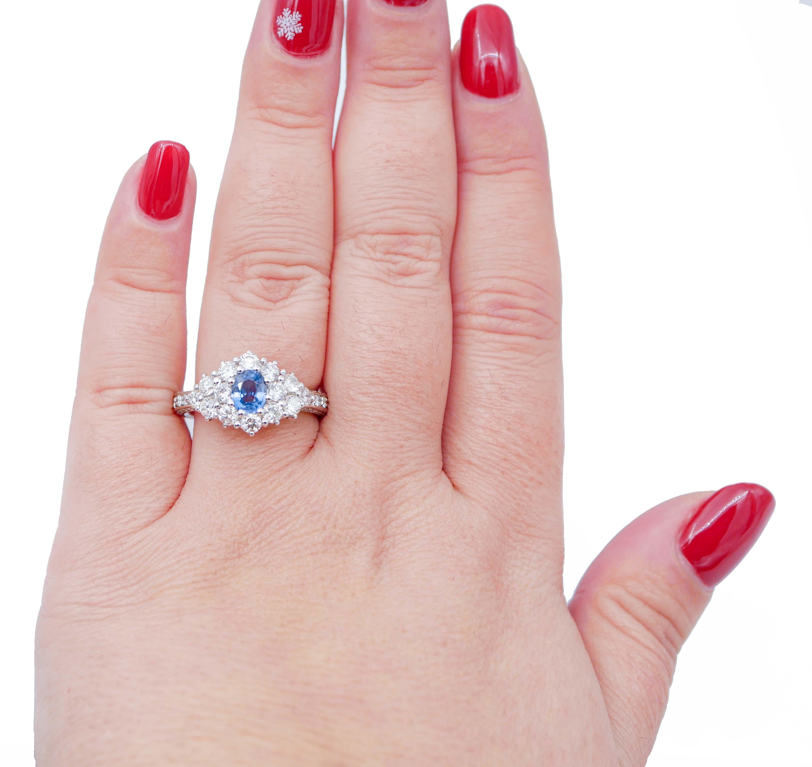 Mixed Cut Sapphire, Diamonds, Platinum Ring For Sale