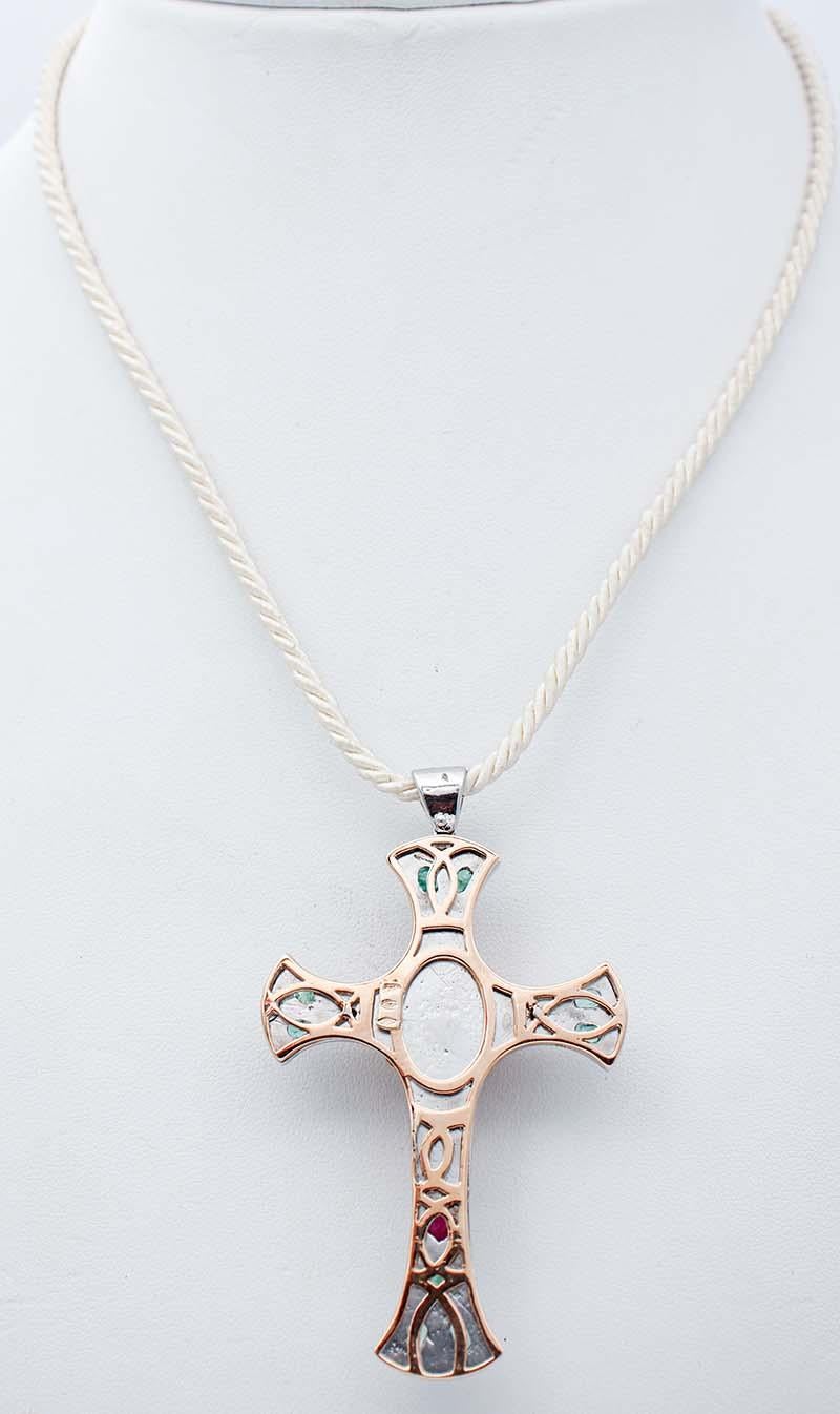 Retro Sapphire, Emeralds, Rubies, Diamonds, Gold and Silver Cross Pendant Necklalace For Sale
