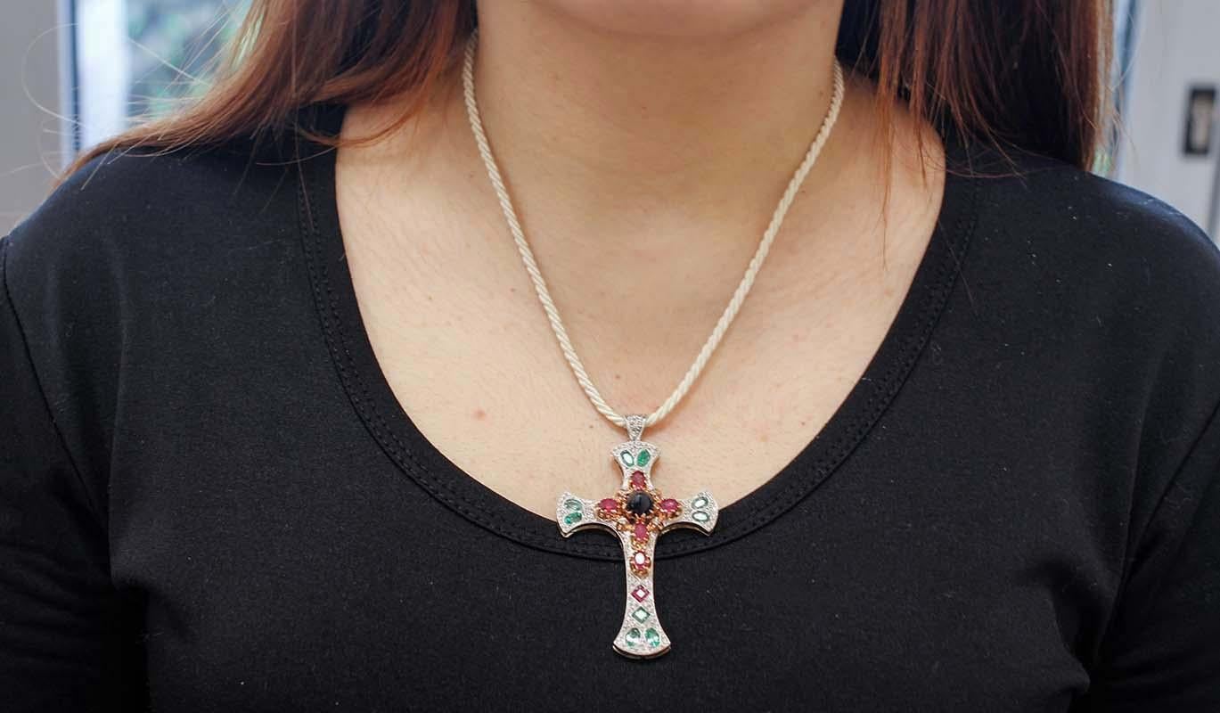 Mixed Cut Sapphire, Emeralds, Rubies, Diamonds, Gold and Silver Cross Pendant Necklalace For Sale