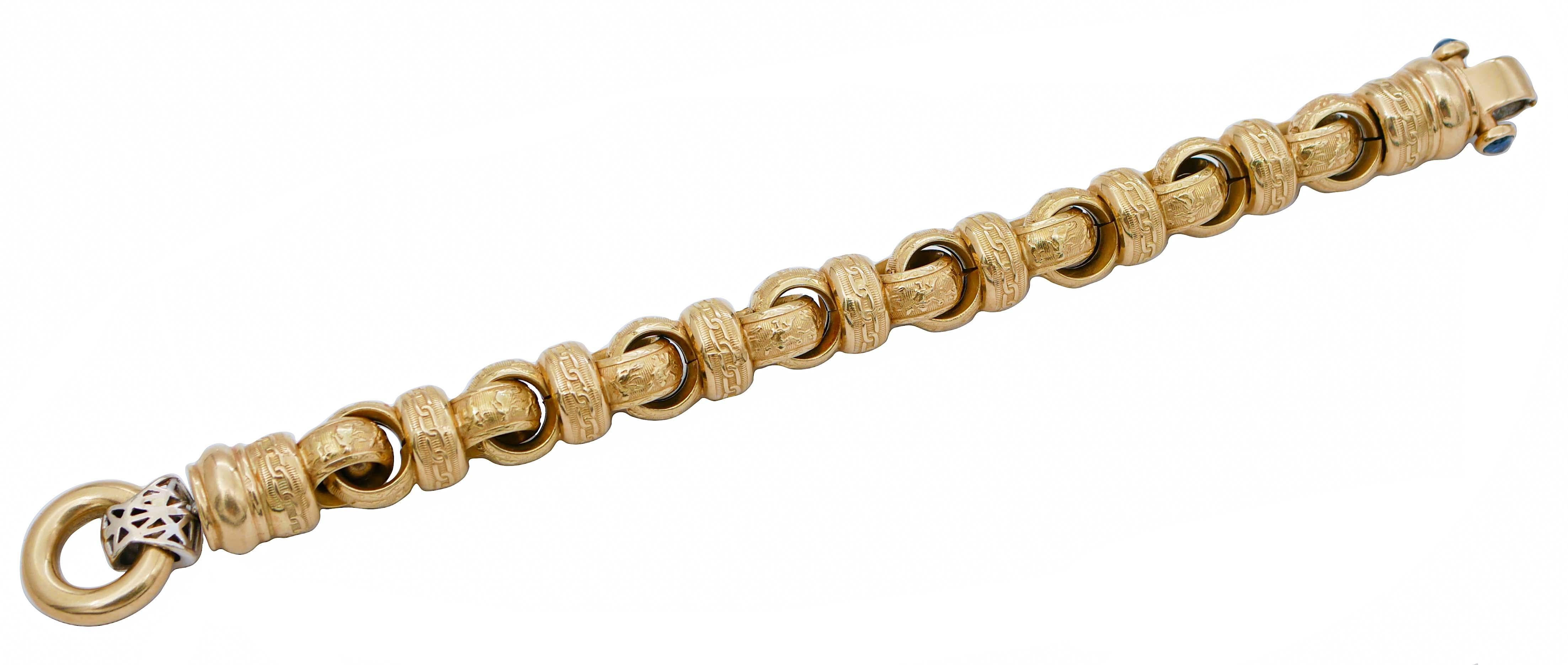 Rétro Bracelet Retrò en or jaune 14 carats et saphirs en vente