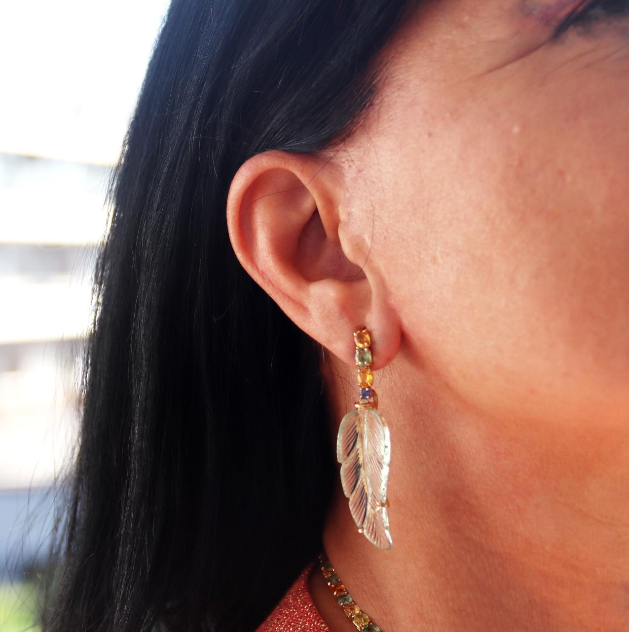 Sapphires 18 Karat Yellow Gold Quartz Leaves Parure Necklace and Earrings For Sale 5