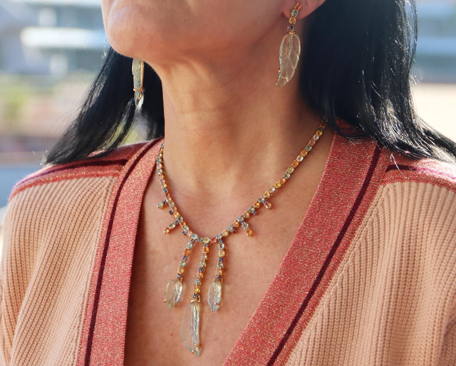 Sapphires 18 Karat Yellow Gold Quartz Leaves Parure Necklace and Earrings For Sale 9
