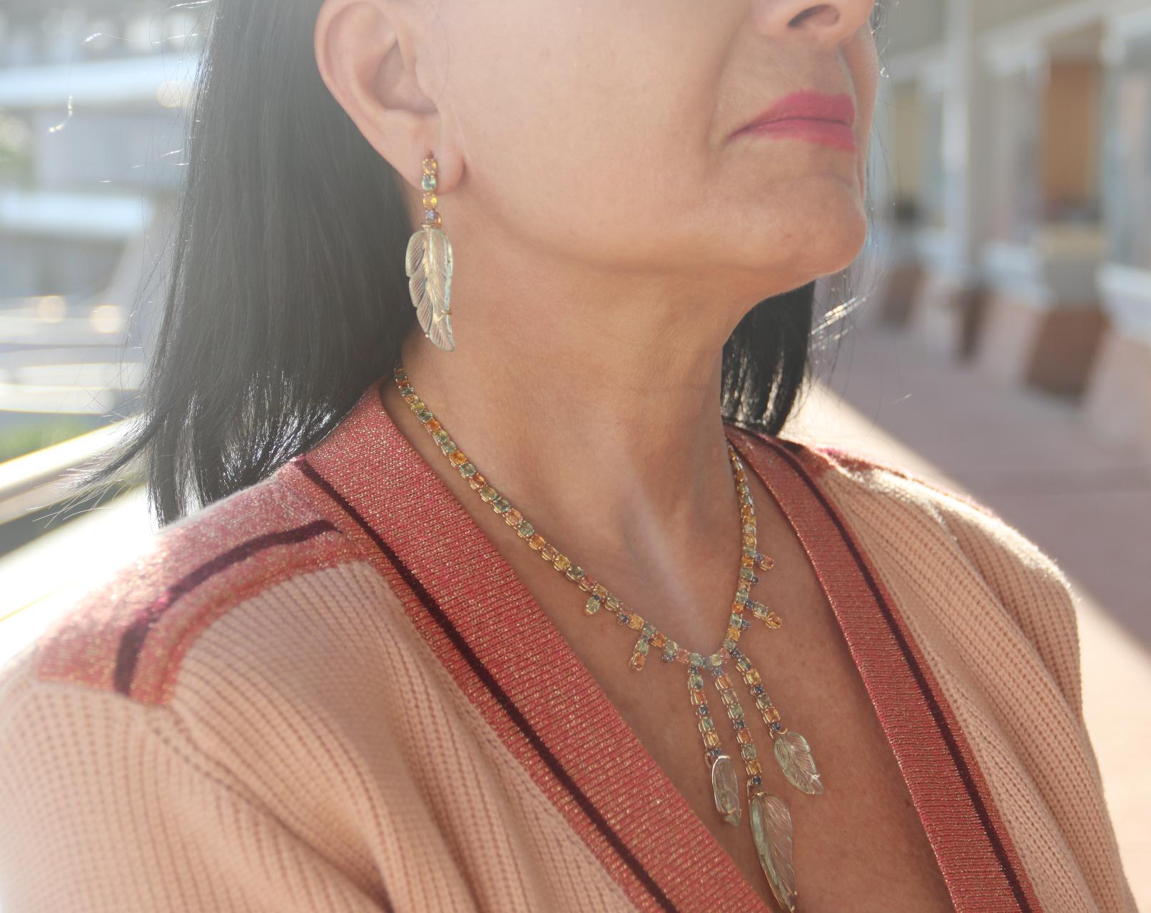 Sapphires 18 Karat Yellow Gold Quartz Leaves Parure Necklace and Earrings For Sale 10