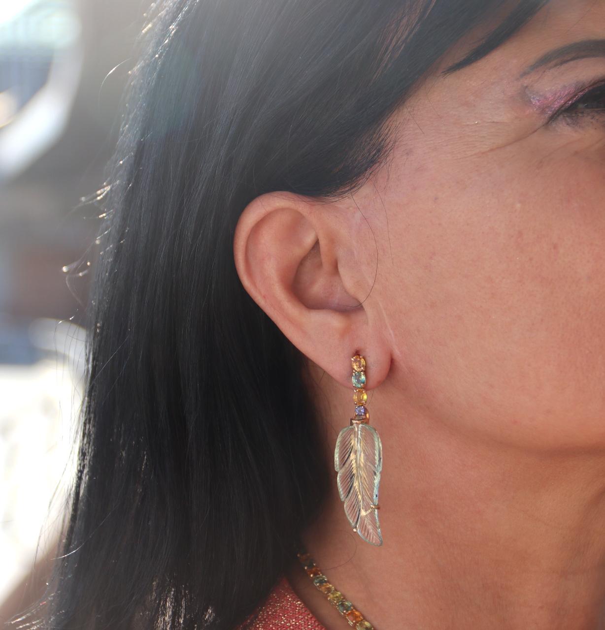 Sapphires 18 Karat Yellow Gold Quartz Leaves Parure Necklace and Earrings For Sale 13