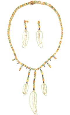 Sapphires 18 Karat Yellow Gold Quartz Leaves Parure Necklace and Earrings