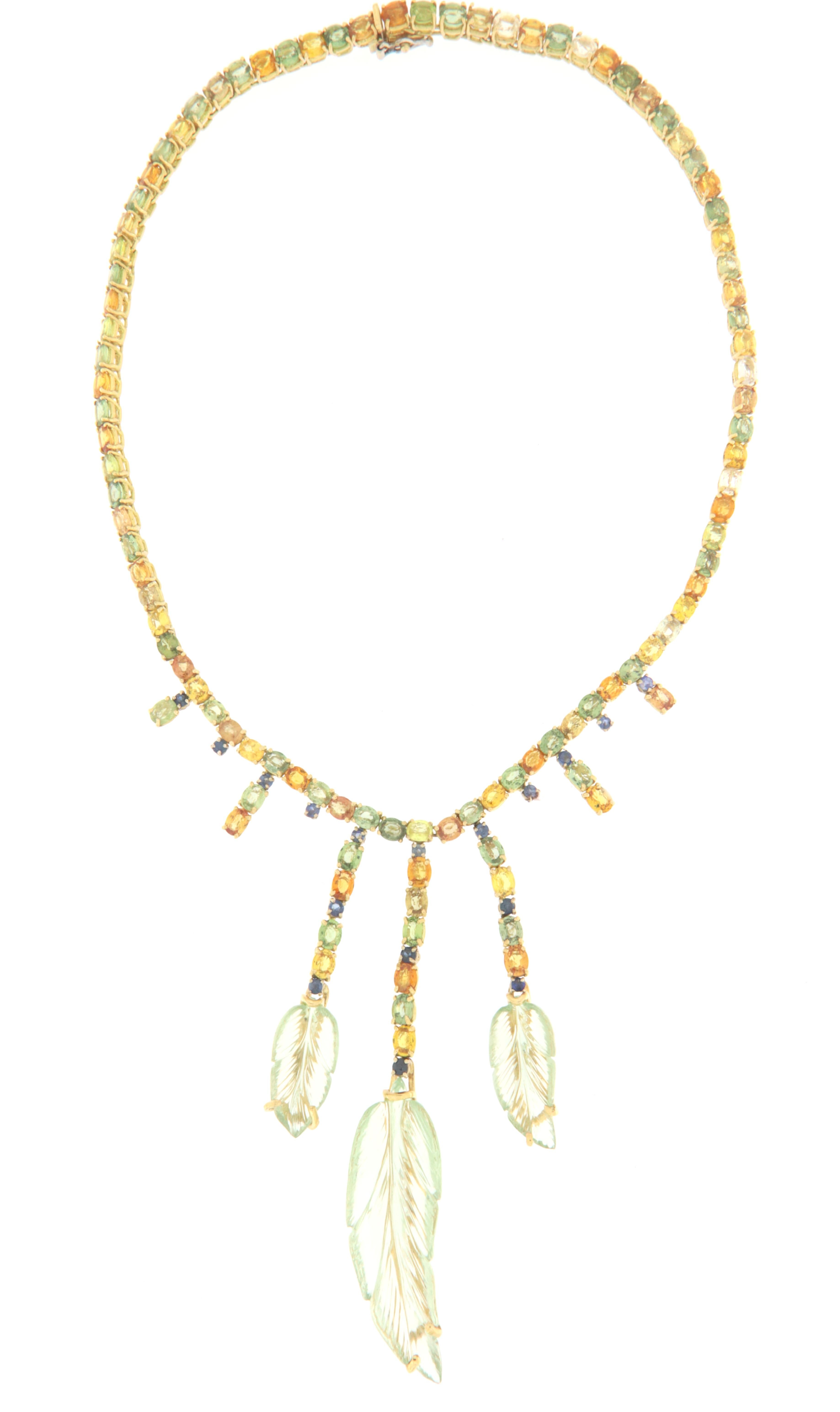 Contemporary Sapphires 18 Karat Yellow Gold Quartz Leaves Parure Necklace and Earrings For Sale