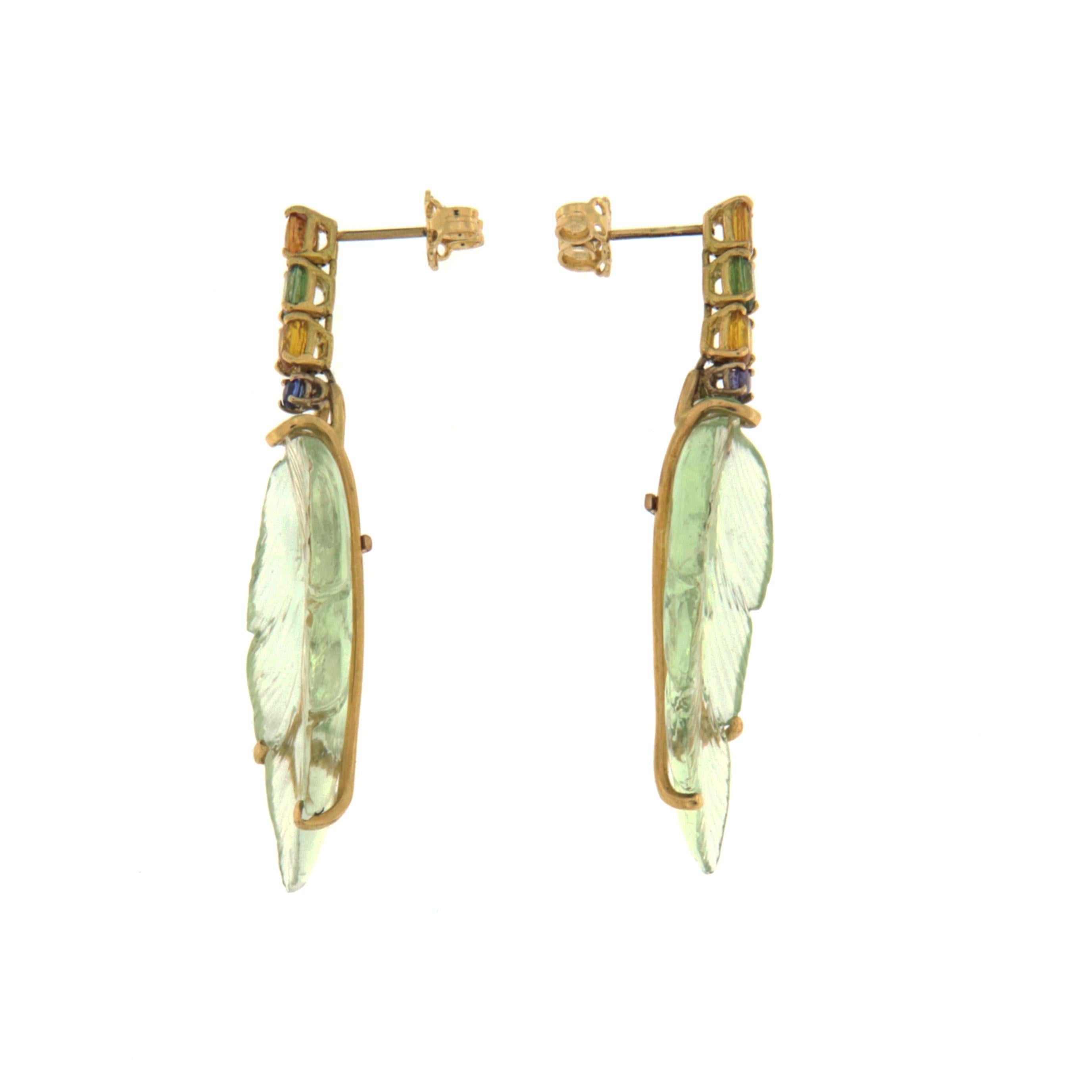 Sapphires 18 Karat Yellow Gold Quartz Leaves Parure Necklace and Earrings For Sale 3