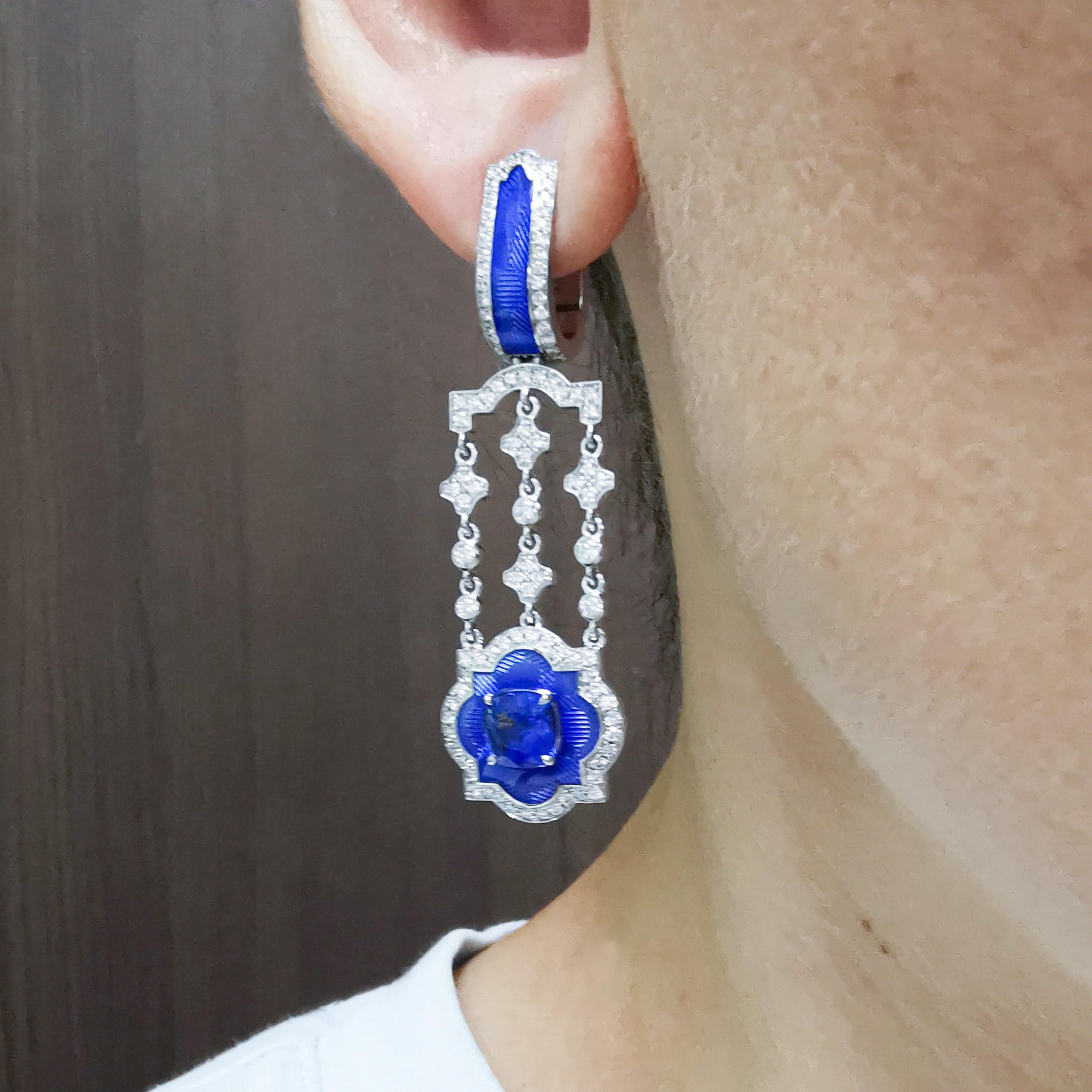 Sapphires 2.24 Carat Diamonds Enamel 18 Karat White Gold Tweed Earrings For Sale 2