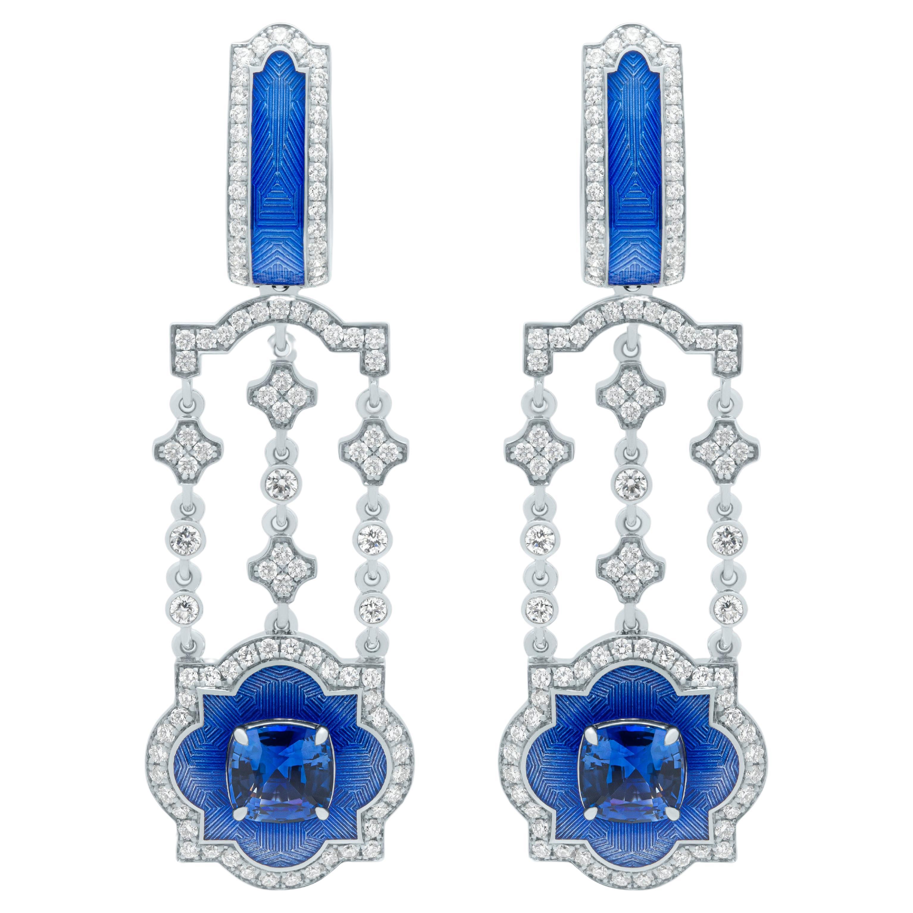 Boucles d'oreilles en or blanc 18 carats avec saphirs, diamants de 2,24 carats et émail