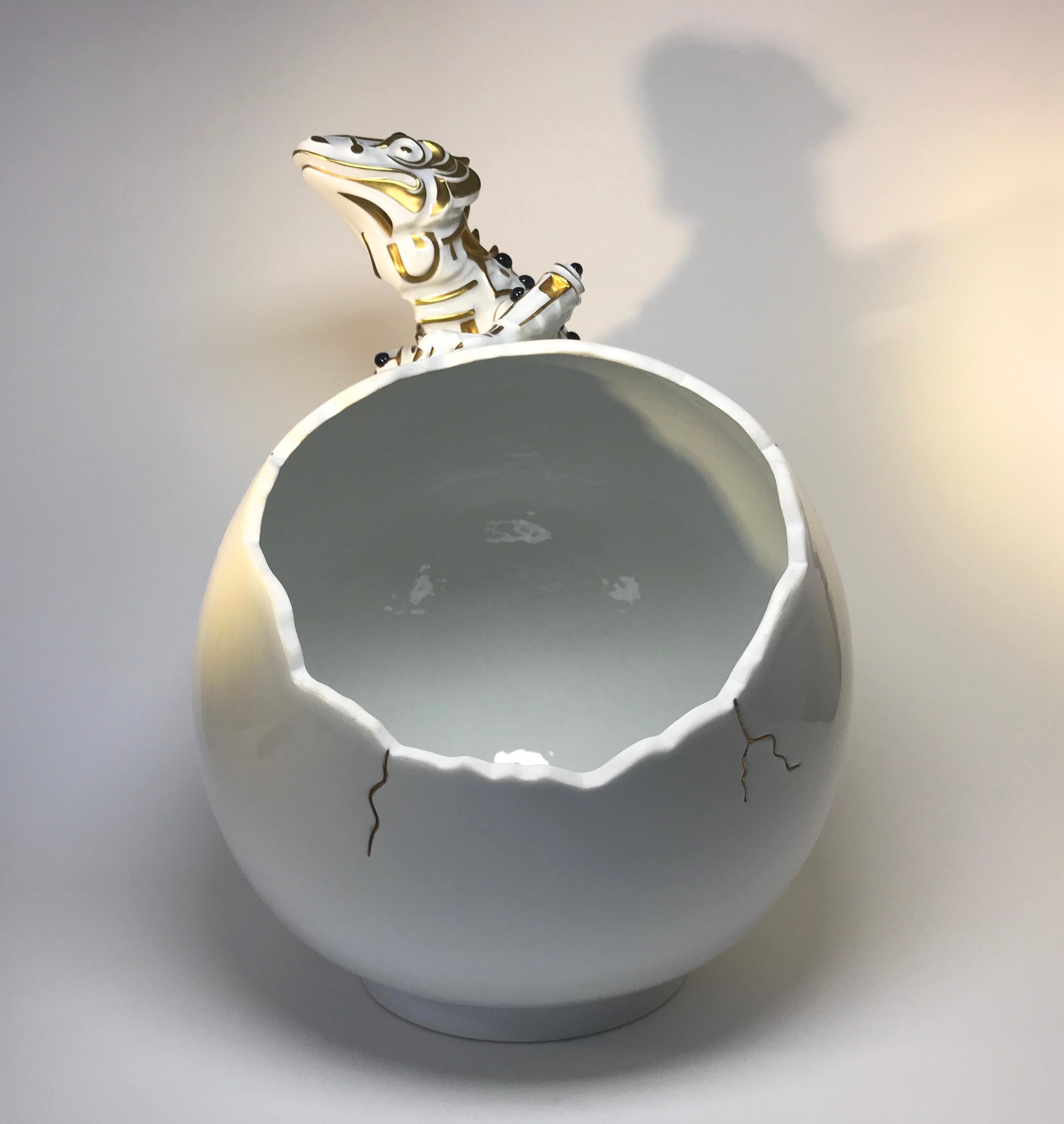Saphirs Or pur 24k:: Porcelaine Sculpture Lézard de luxe Œuf Caviar Bol 2000s en vente 3