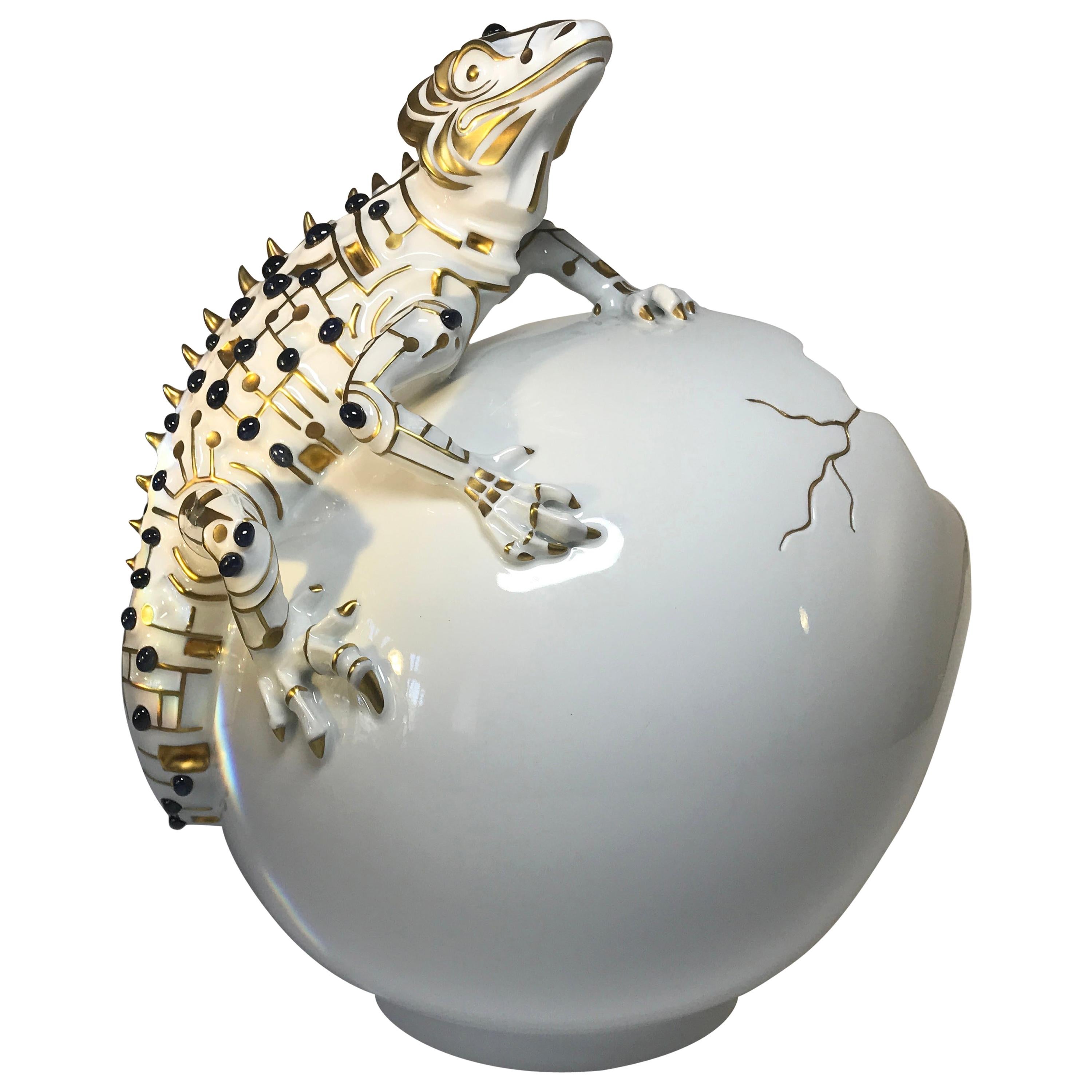 Saphirs Or pur 24k:: Porcelaine Sculpture Lézard de luxe Œuf Caviar Bol 2000s en vente