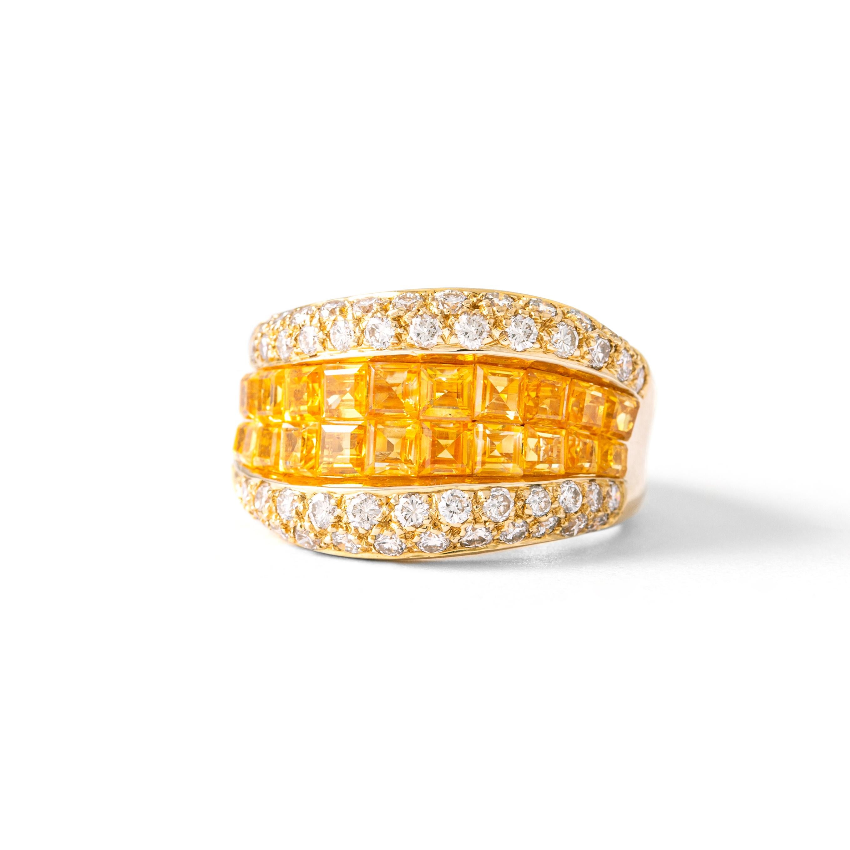 Ring in 18kt yellow gold set with yellow square cut sapphires 3.74 cts and diamonds 0.99 cts Size 53      