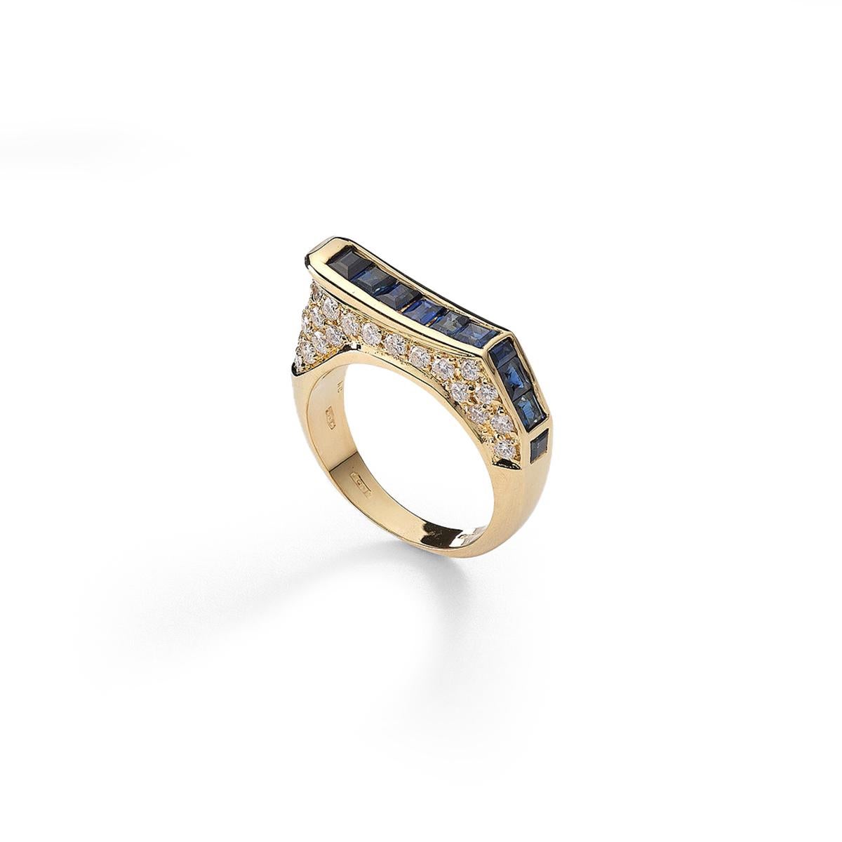 Ring in 18kt yellow gold set with square cut sapphires 1.31 cts and diamonds 1.07 cts Size 52