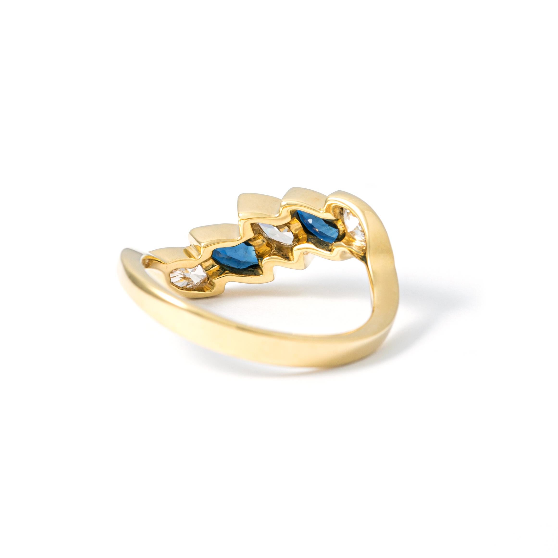 Marquise Cut Sapphires and Diamond Gold Ring For Sale