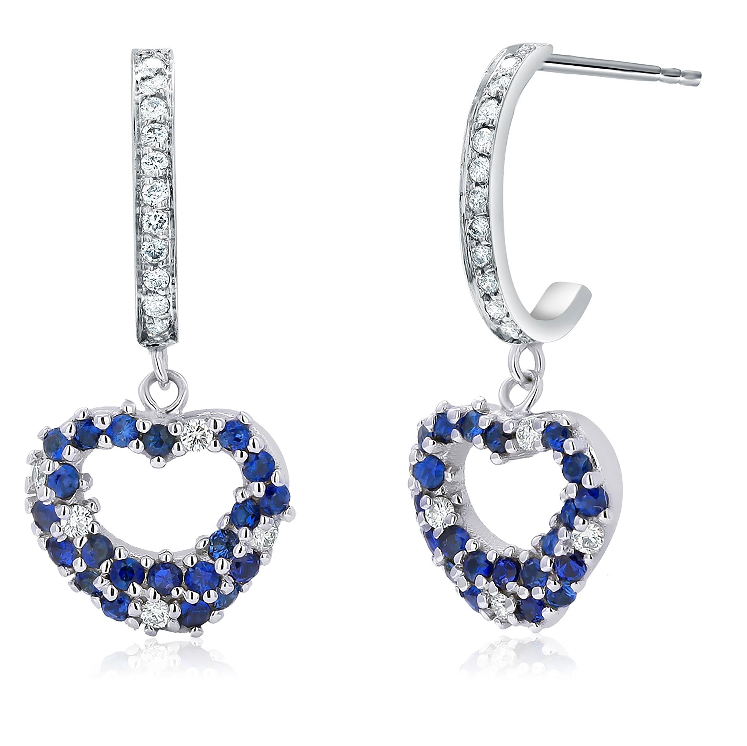 Contemporary Sapphires and Diamond Heart Shaped White Gold Diamond Hoop Earrings