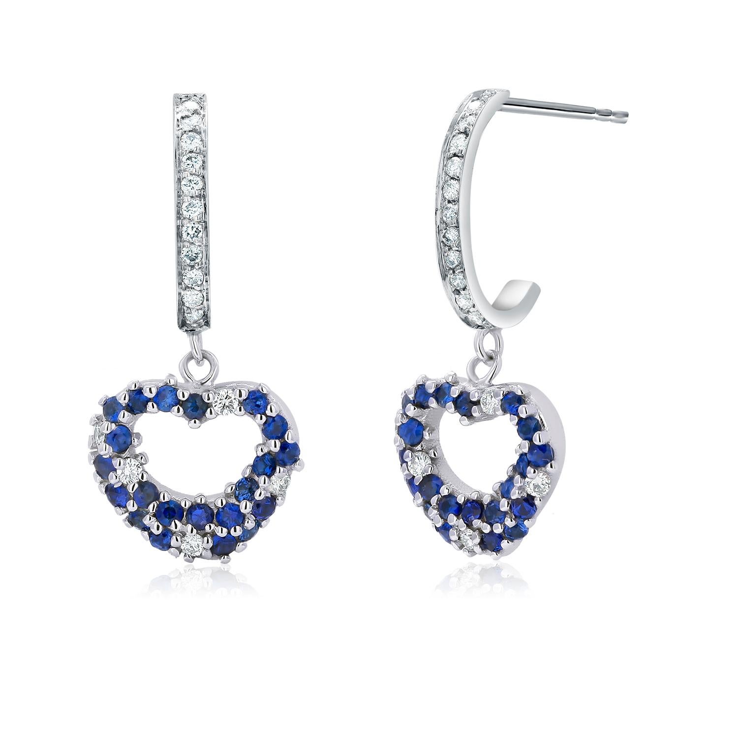 Round Cut Sapphires and Diamond Heart Shaped White Gold Diamond Hoop Earrings